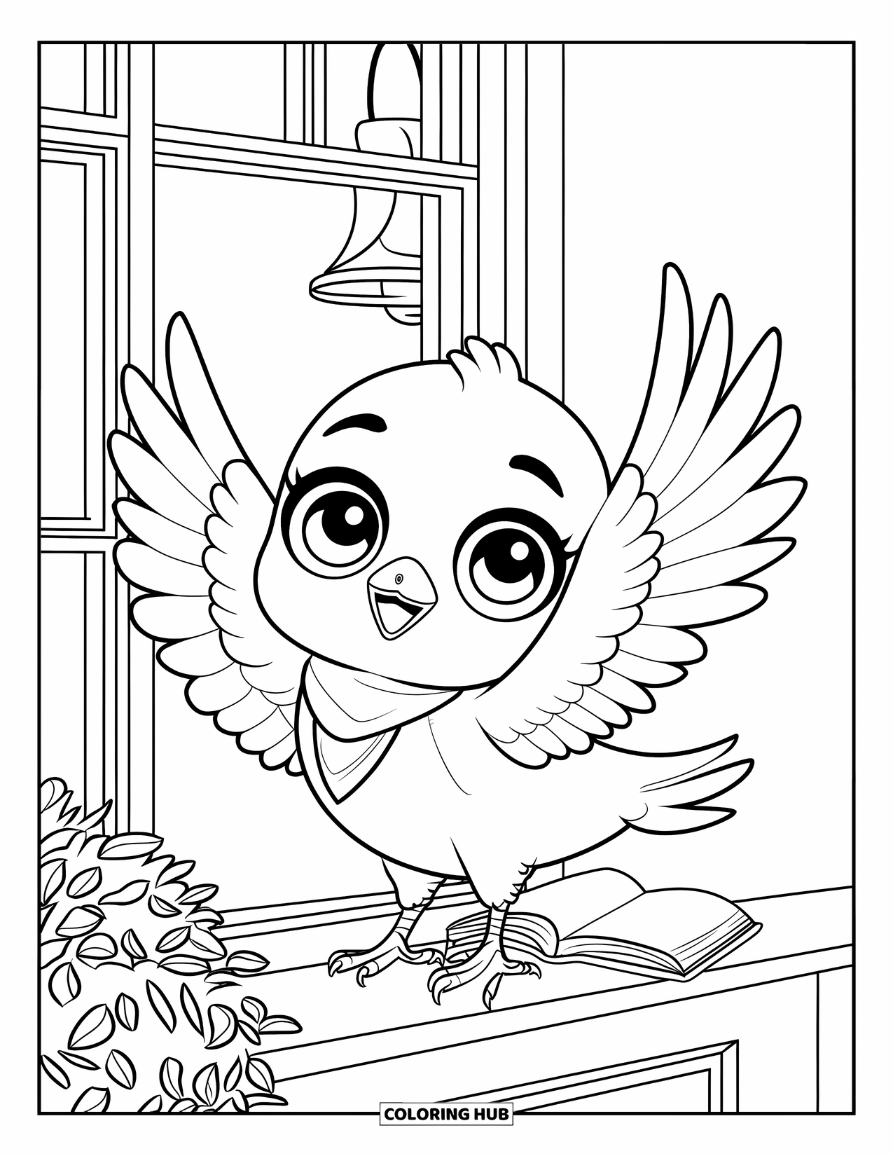 Pigeon Coloring Page for Kids: A pigeon in a scarf stretches near a plant and a cozy lamp
