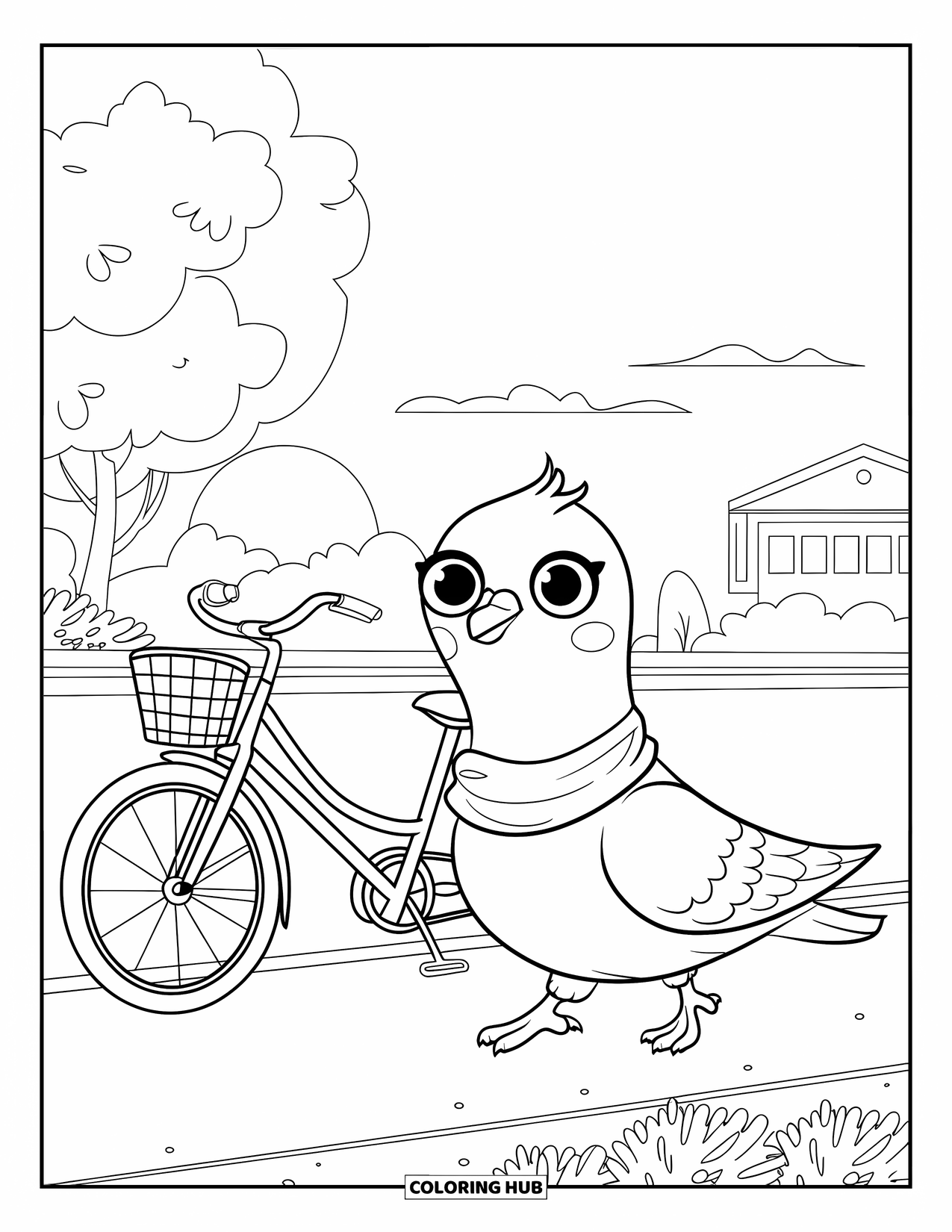 Pigeon Coloring Page for Kids: A pigeon in a scarf strolls past a parked bicycle near a tree