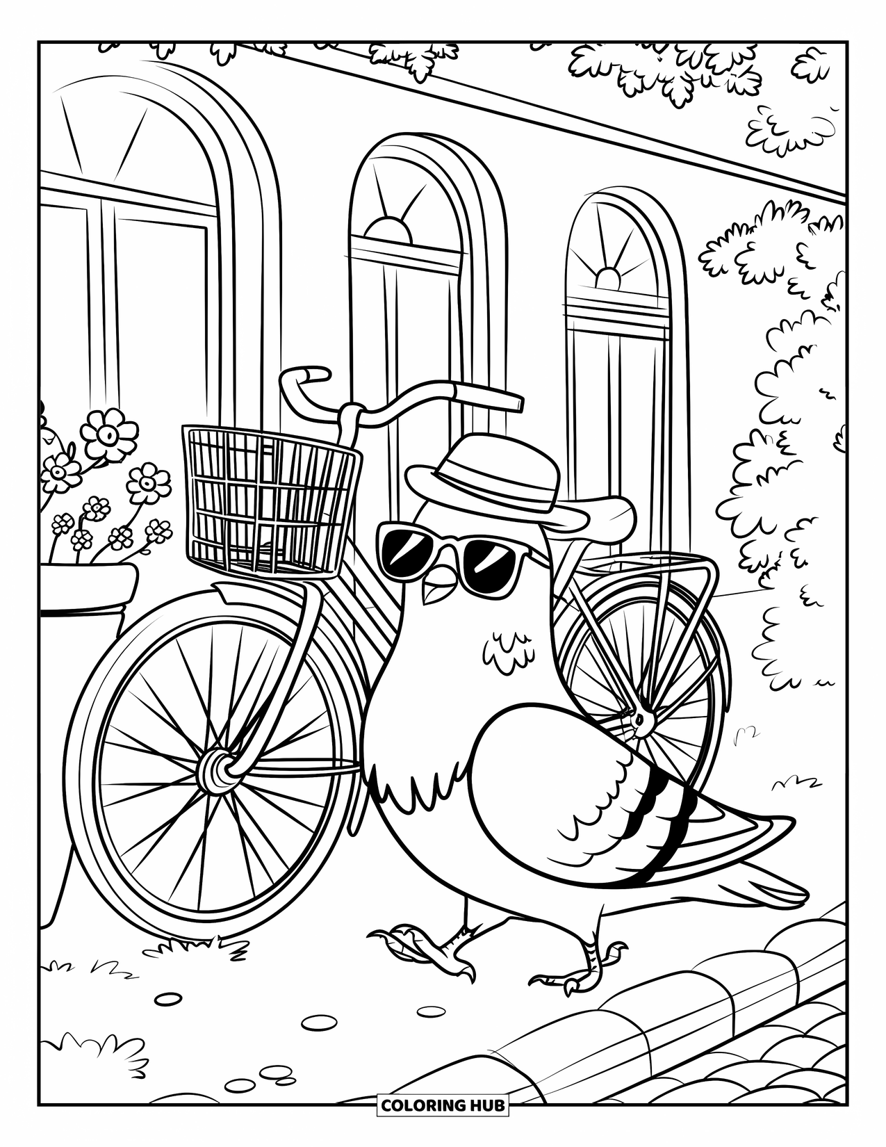 Pigeon Coloring Page for Kids: A pigeon in sunglasses walks past flowers and a stylish parked bike