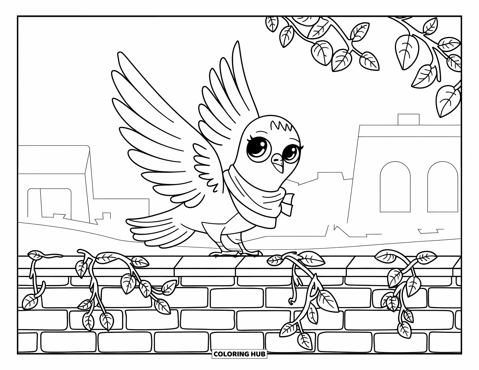 Pigeon Coloring Page for Kids: A pigeon lands gently on a vine-covered brick wall