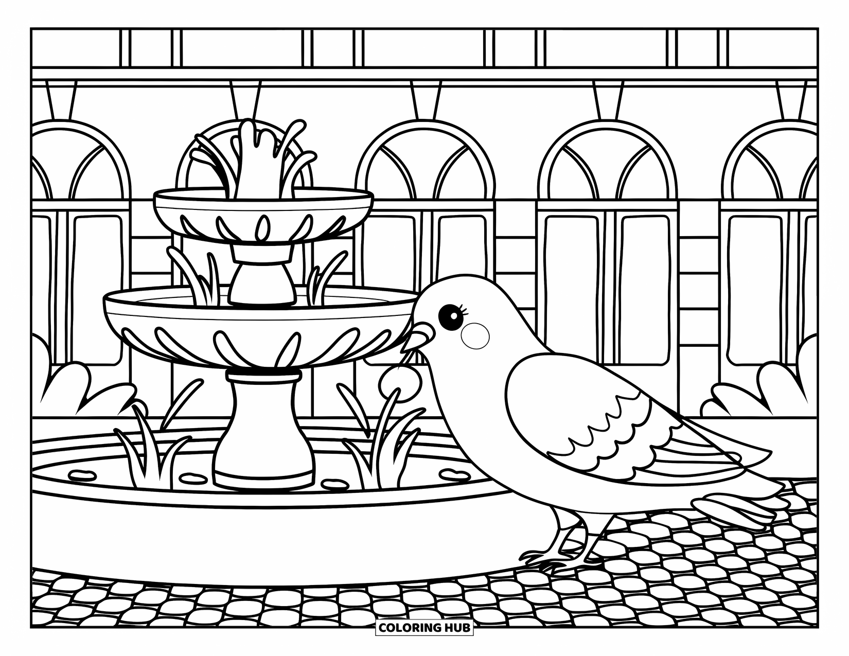 Pigeon Coloring Page for Kids: A pigeon pecks near a splashing fountain and cobblestone path