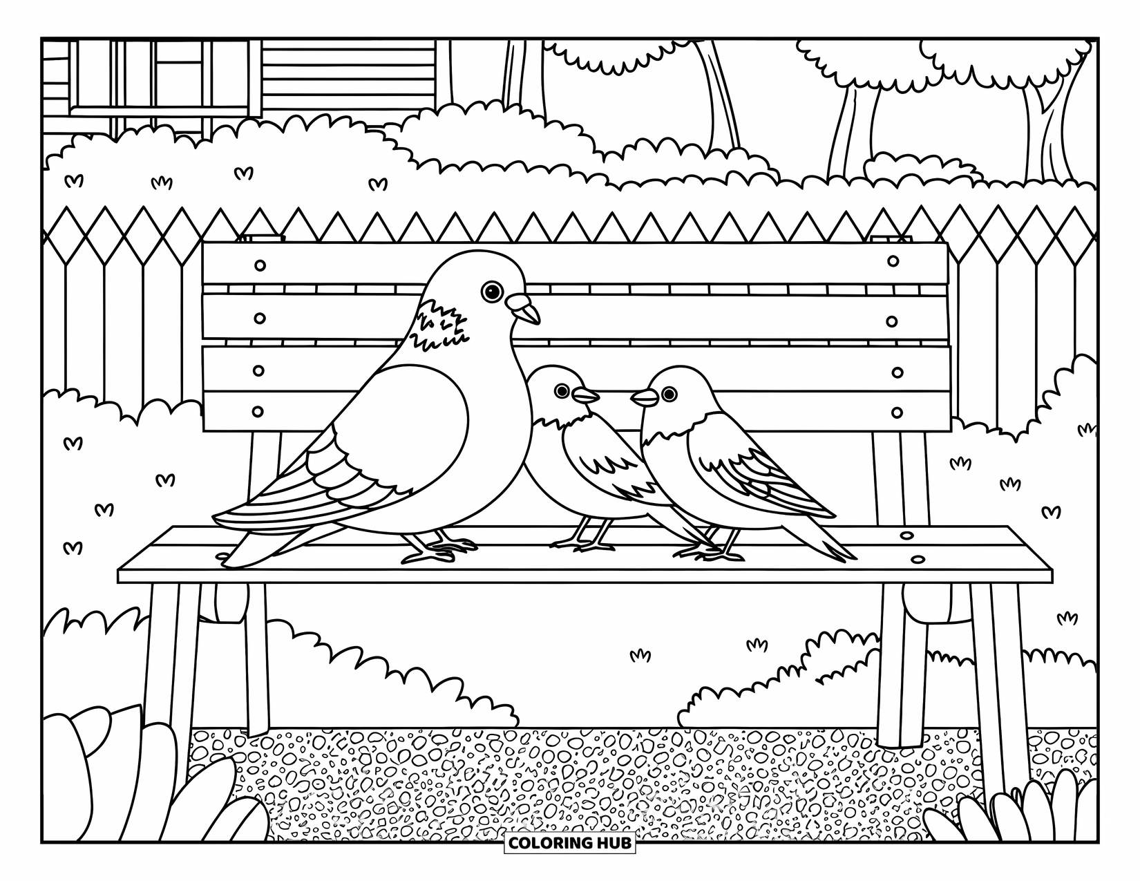 Pigeon Coloring Page for Kids: A pigeon sits calmly while sparrows perch nearby in a blooming garden