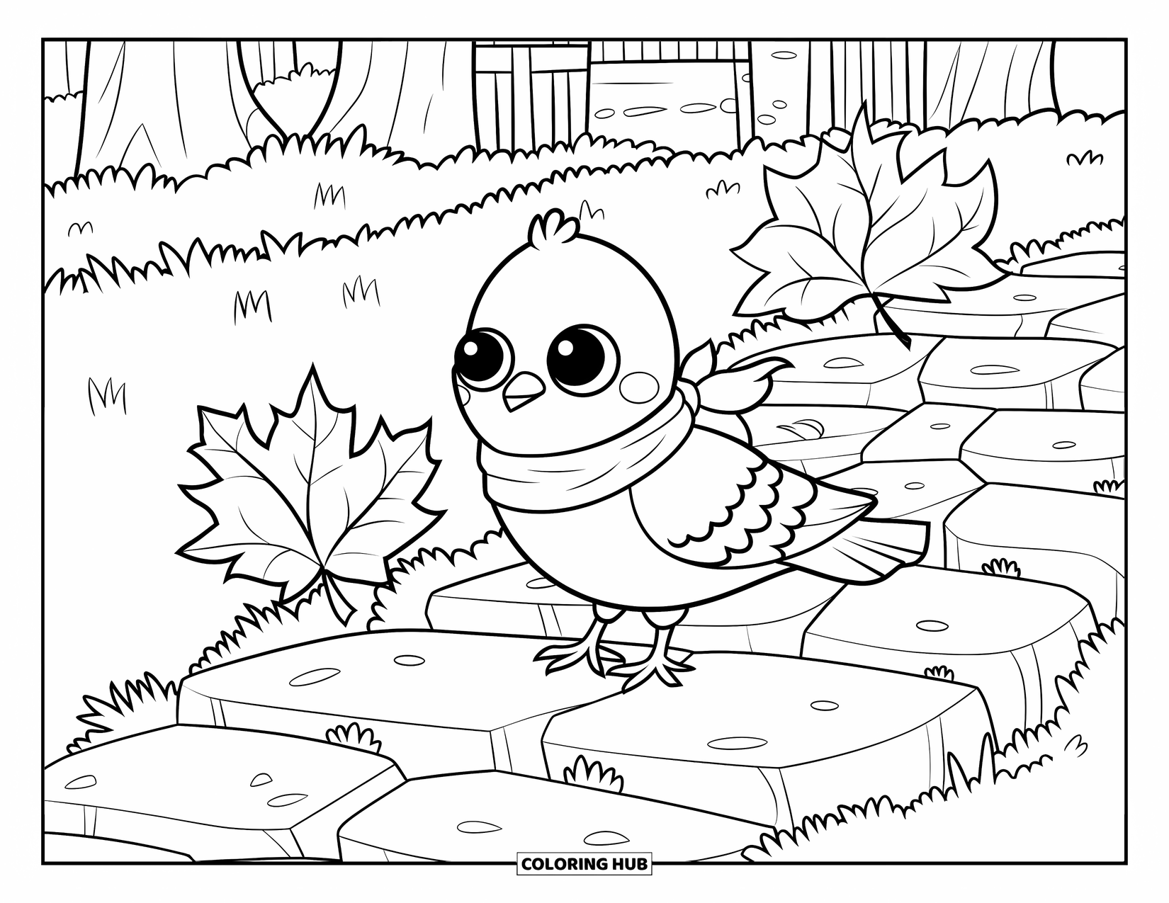 Pigeon Coloring Page for Kids: A pigeon with a scarf enjoys autumn leaves on a peaceful stone path