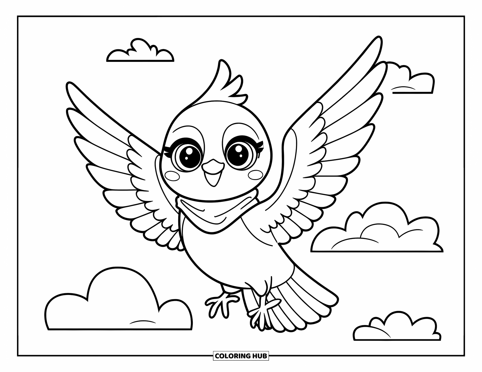 Pigeon Coloring Page for Kids: A pigeon with a scarf flaps its wings in a sky with two clouds