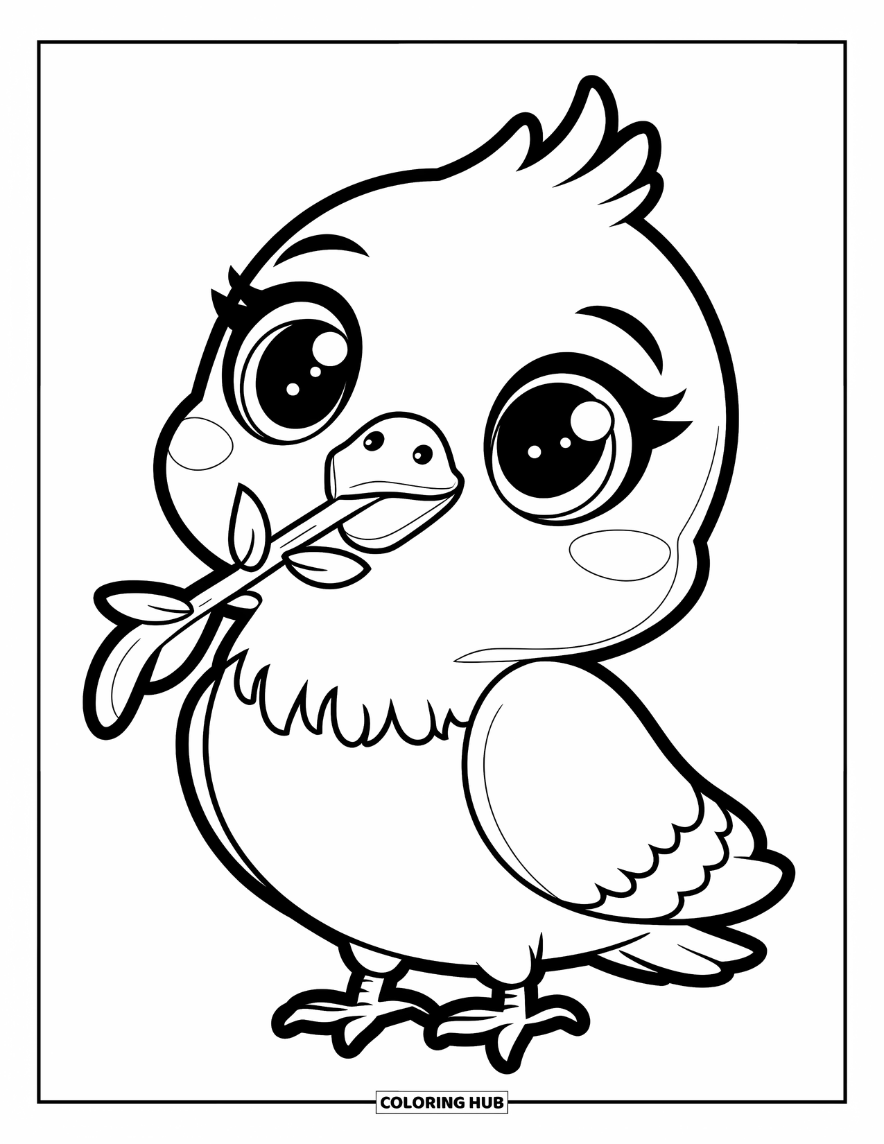 Pigeon Coloring Page for Kids: A pigeon with big eyes gently holds a twig in its beak