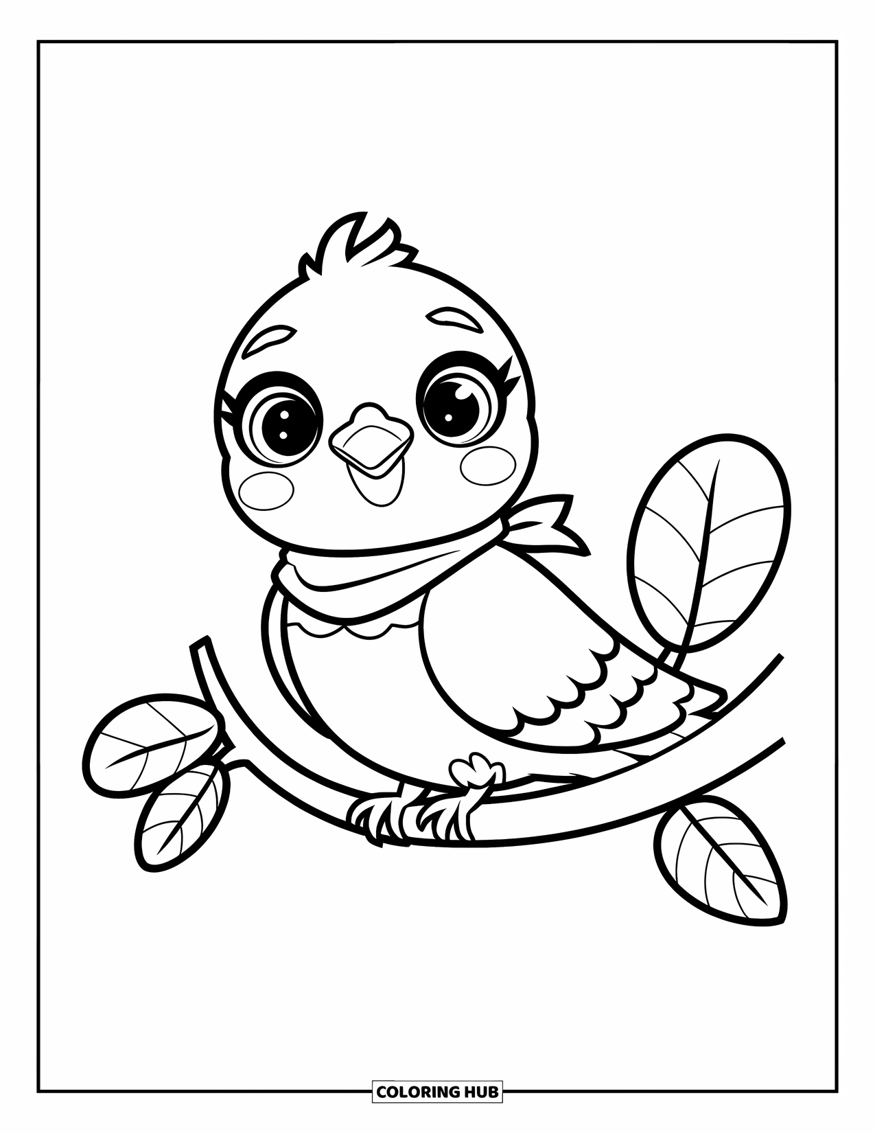 Pigeon Coloring Page for Kids: A scarfed pigeon sits on a branch with a big round leaf beside it