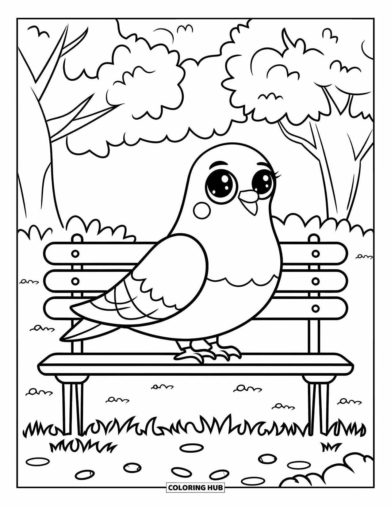 Pigeon Coloring Page for Kids: A wide-eyed pigeon relaxes on a bench with crumbs in the grass