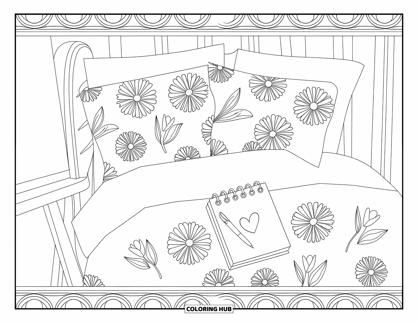 Pink Coloring Page for Adults: Chair holds floral pillows, a journal, and heart pen in a cozy nook