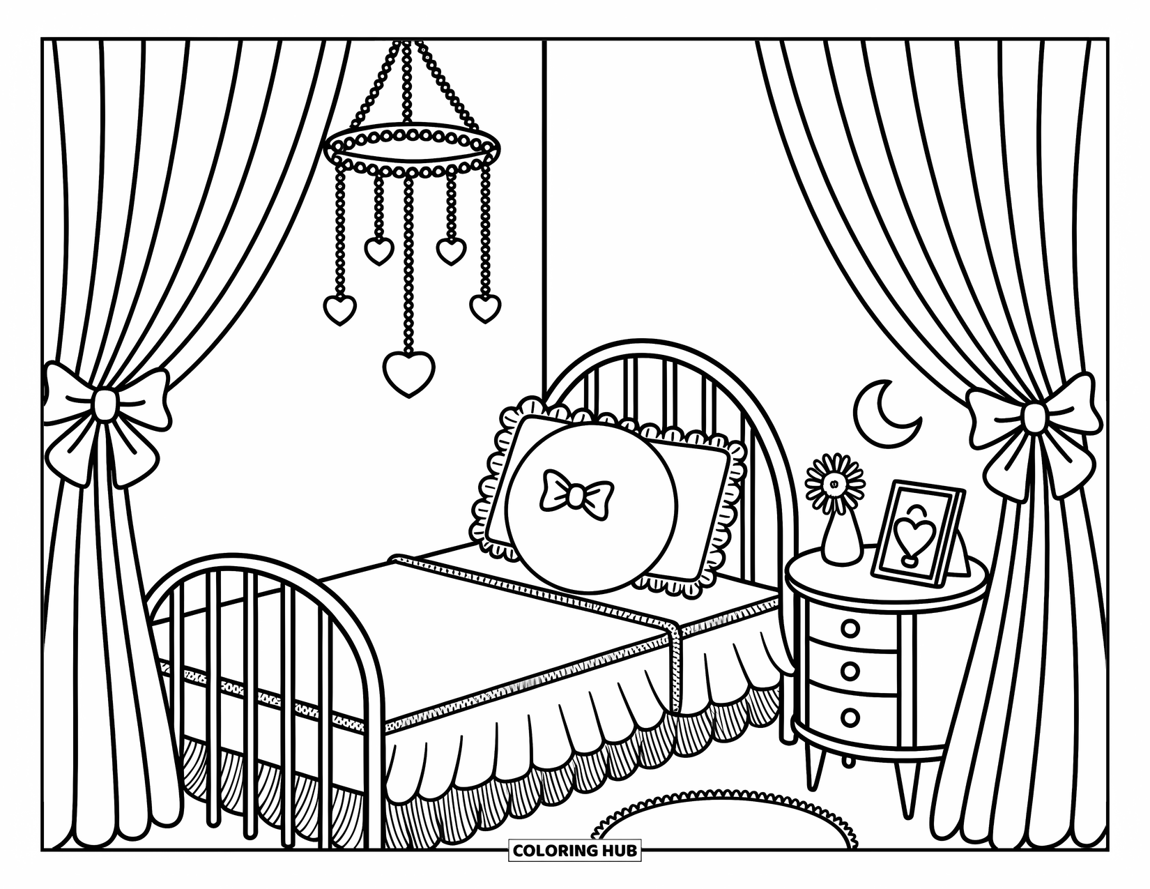Pink Coloring Page for Adults: Curtained bed and floating mobile create a dreamy, peaceful room