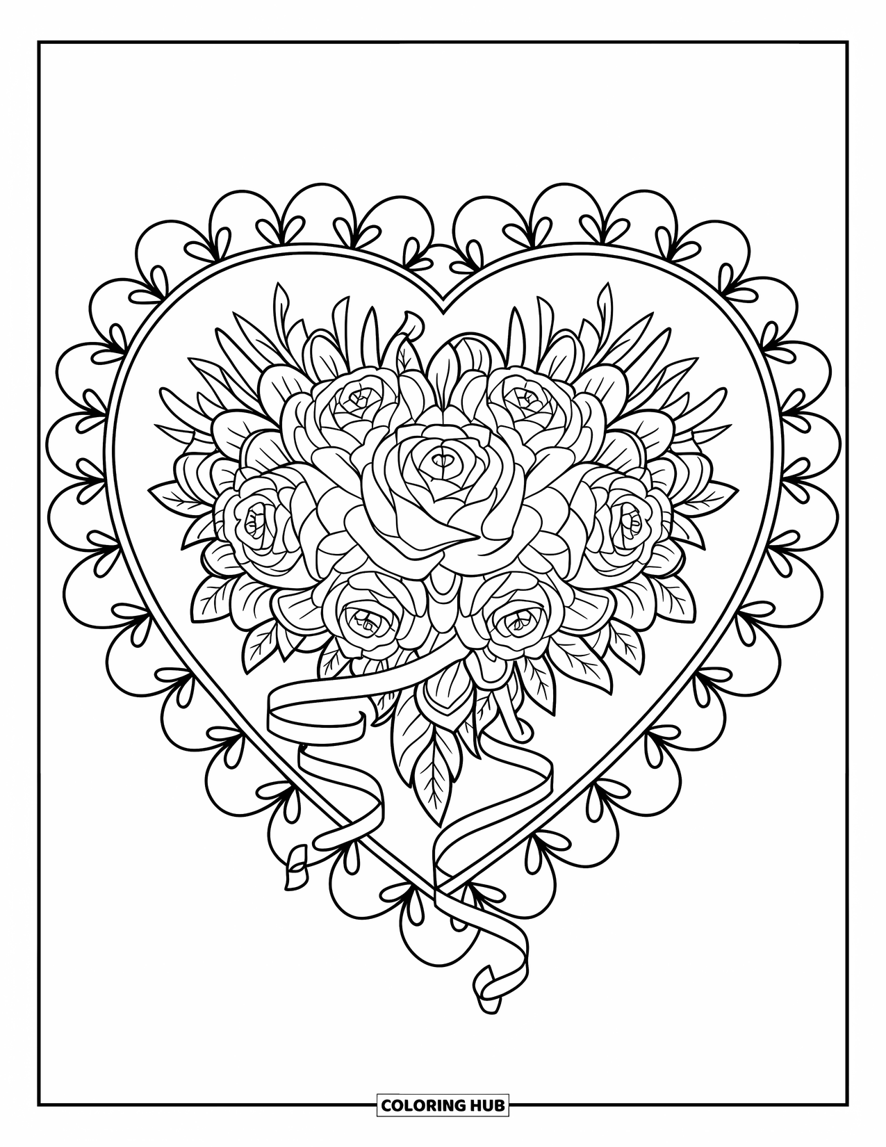 Pink Coloring Page for Adults: Floral heart bouquet framed by curling ribbons and intertwined hearts