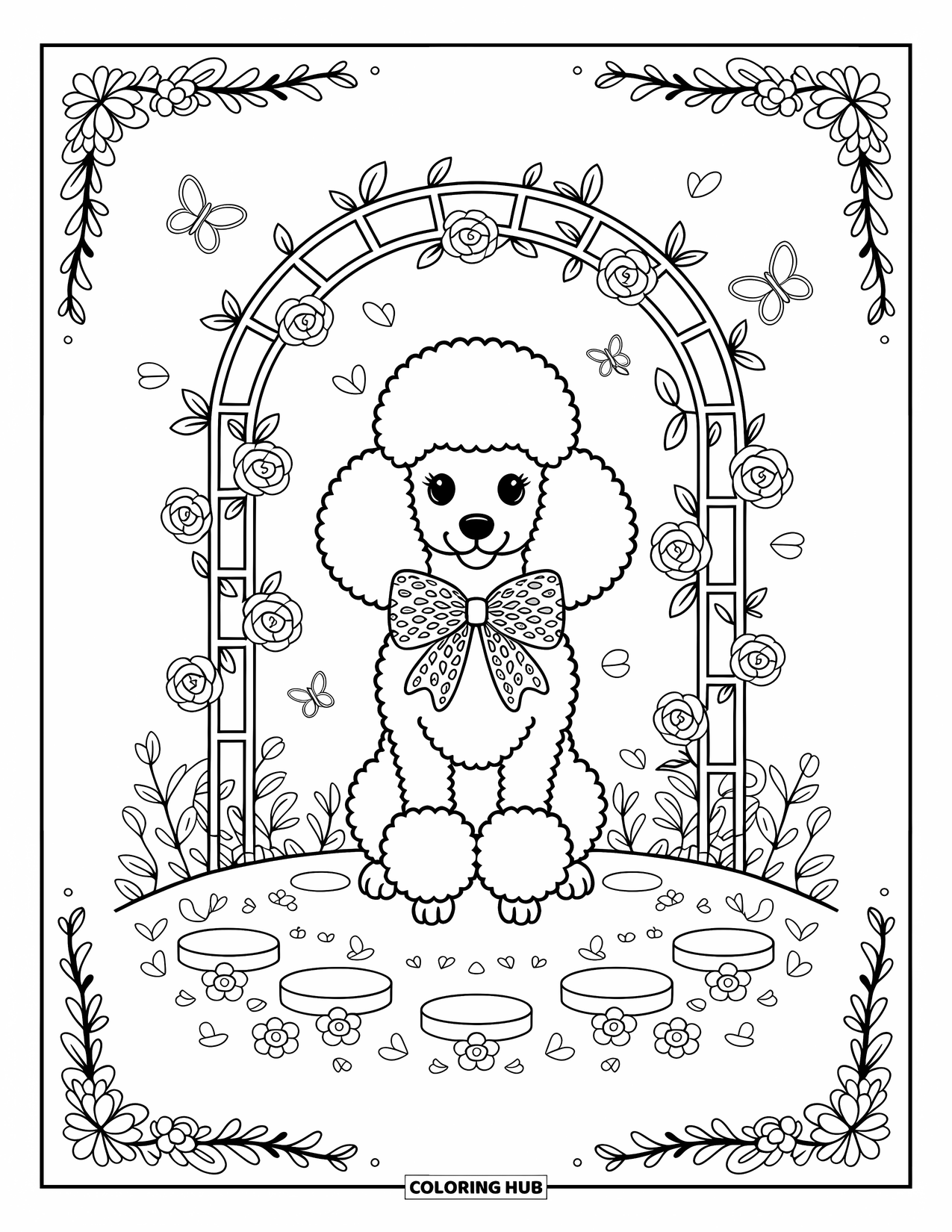 Pink Coloring Page for Adults: Graceful poodle sits under arch with flowers, petals, and butterflies