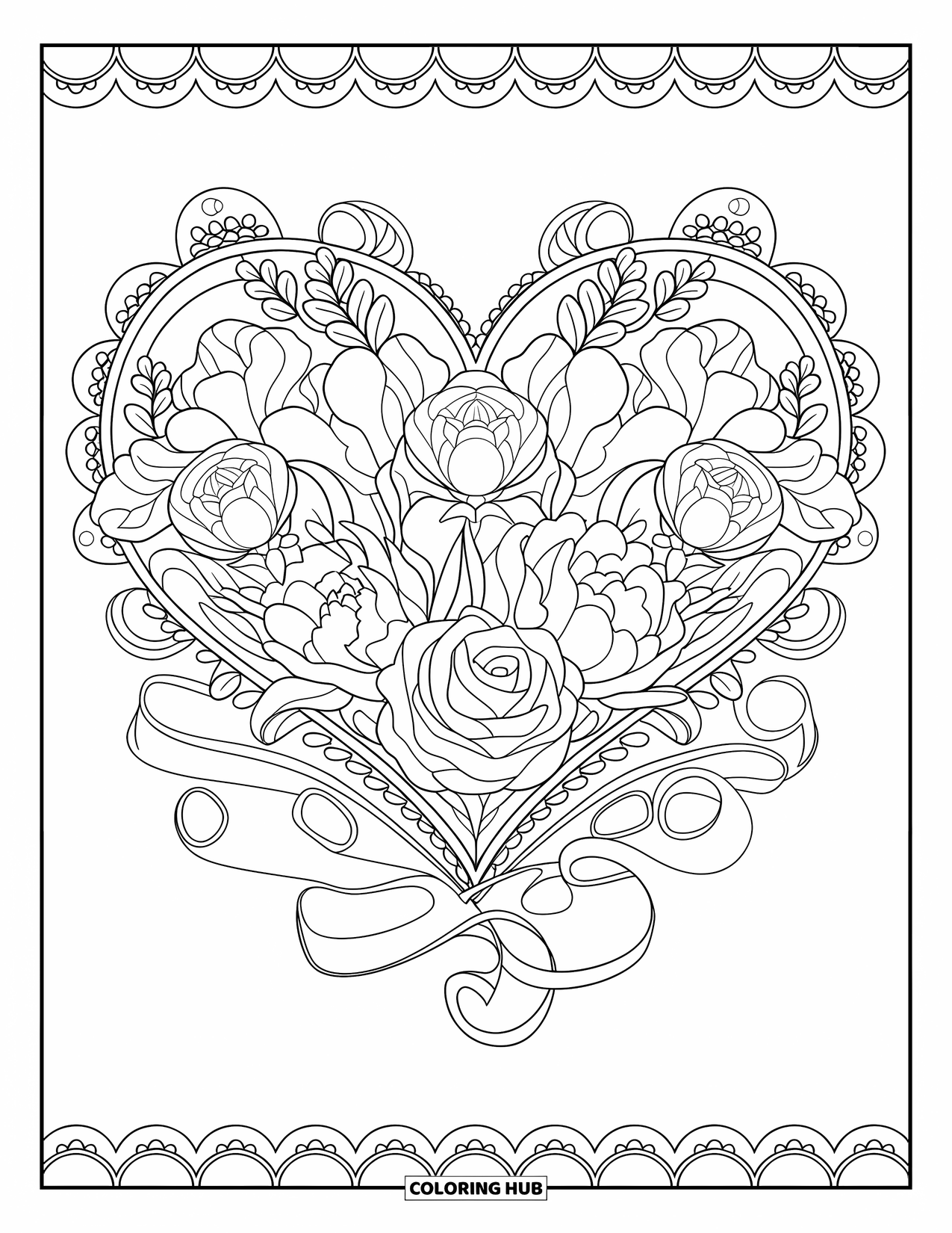 Pink Coloring Page for Adults: Heart bouquet with flowers and ribbons centered in a bordered page