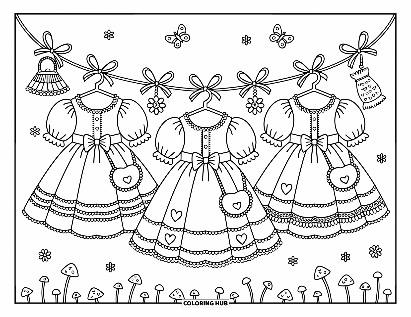 Pink Coloring Page for Adults: Kawaii dresses dangle from ribbon garland with flowers, butterflies, and gloves