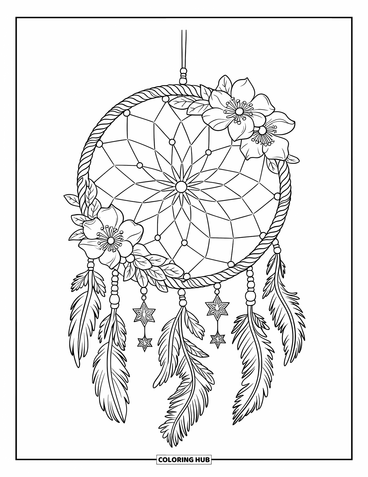 Pink Coloring Page for Adults: Lacy dreamcatcher hangs from a dowel, filled with blossoms and stars