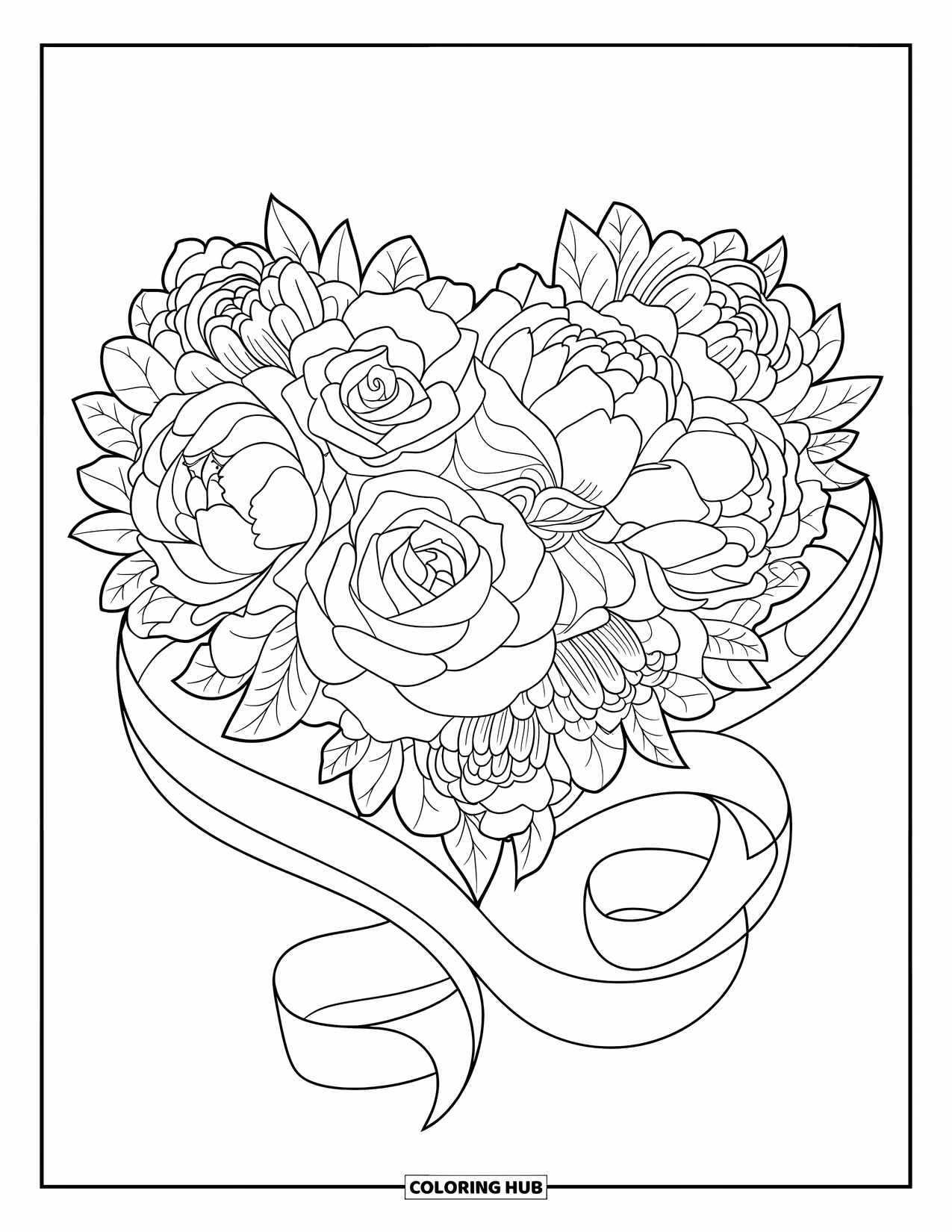 Pink Coloring Page for Adults: Mandala heart bouquet with curling ribbons on a clean background