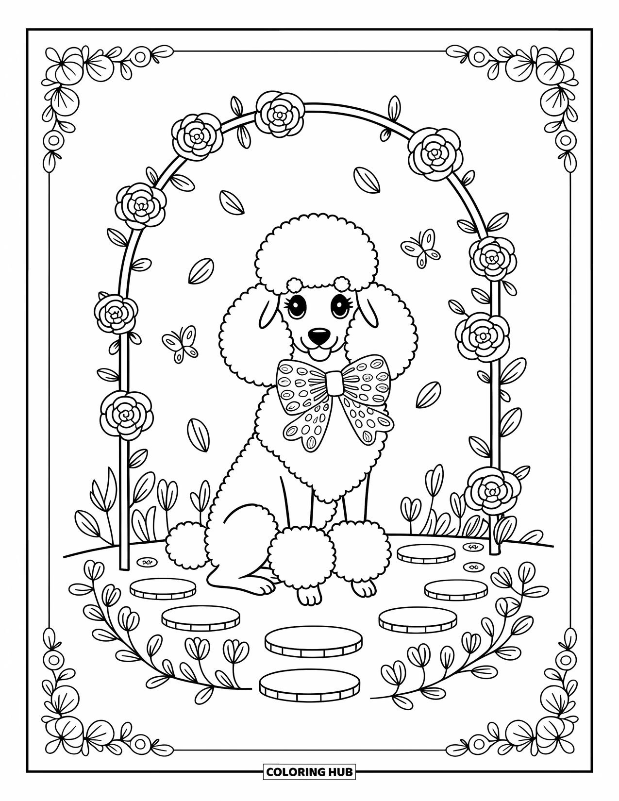 Pink Coloring Page for Adults: Poodle under rose arch surrounded by petals and butterflies