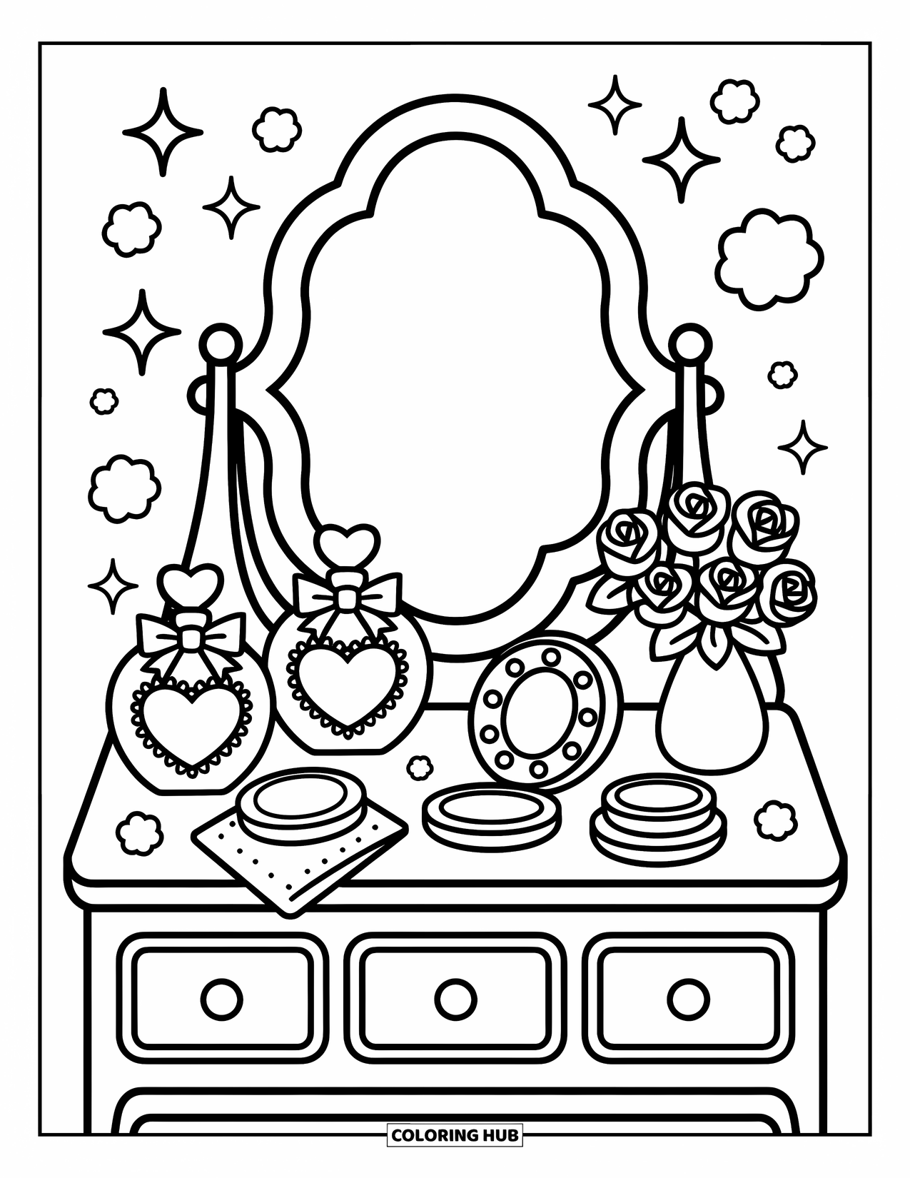 Pink Coloring Page for Adults: Pretty vanity with mirror, roses, and floating sparkles