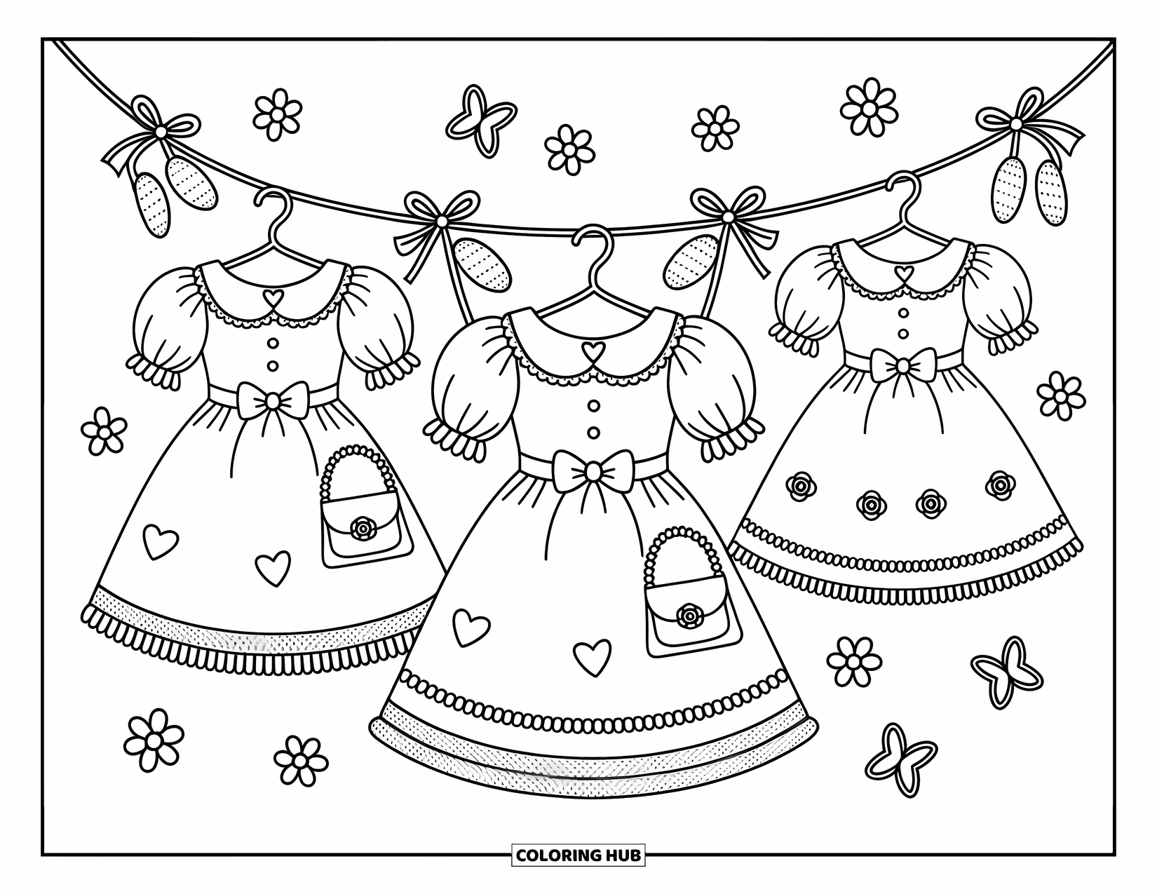 Pink Coloring Page for Adults: Three vintage-style dresses hang with floating butterflies and dainty accessories