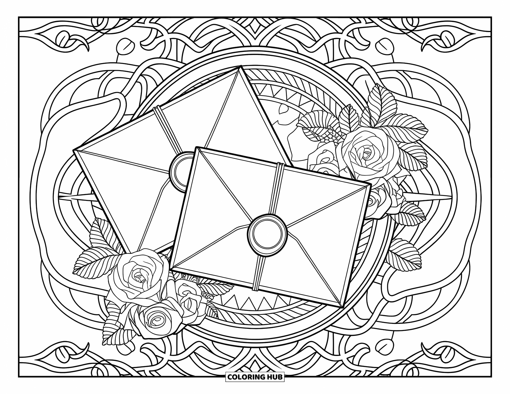 Pink Coloring Page for Adults: Vintage envelopes and roses sit beneath a leafy, detailed pattern