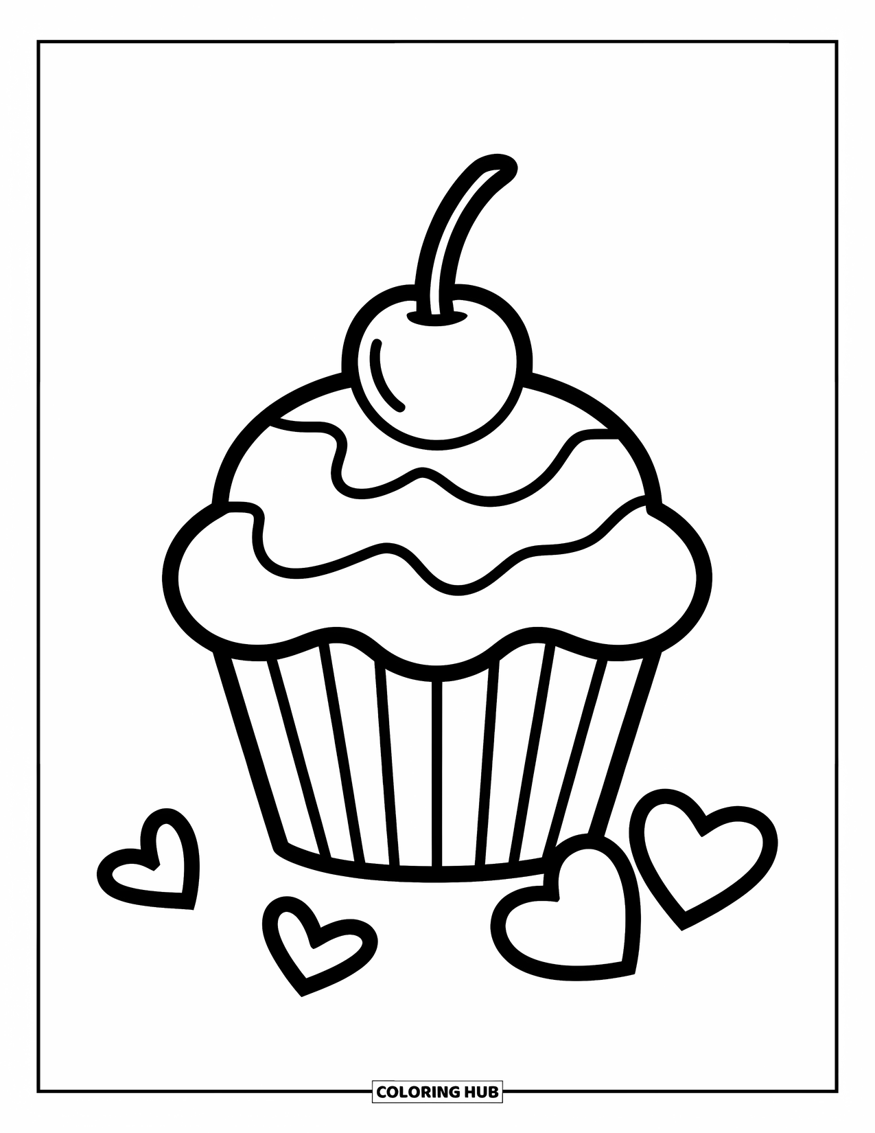 Pink Coloring Page for Kids: Big cupcake with cherry and hearts, simple and sweet