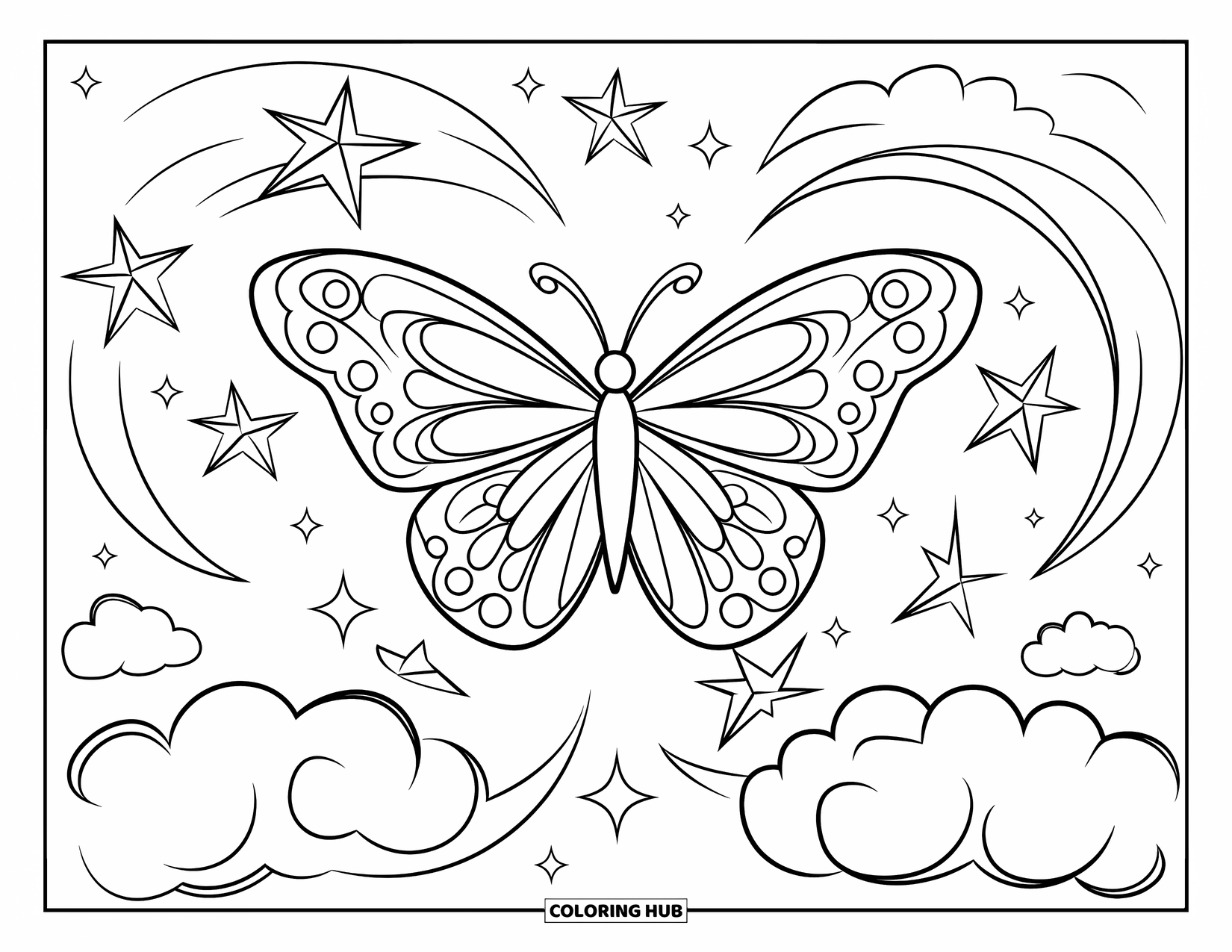 Pink Coloring Page for Kids: Bold butterfly in the sky surrounded by sparkles and stars
