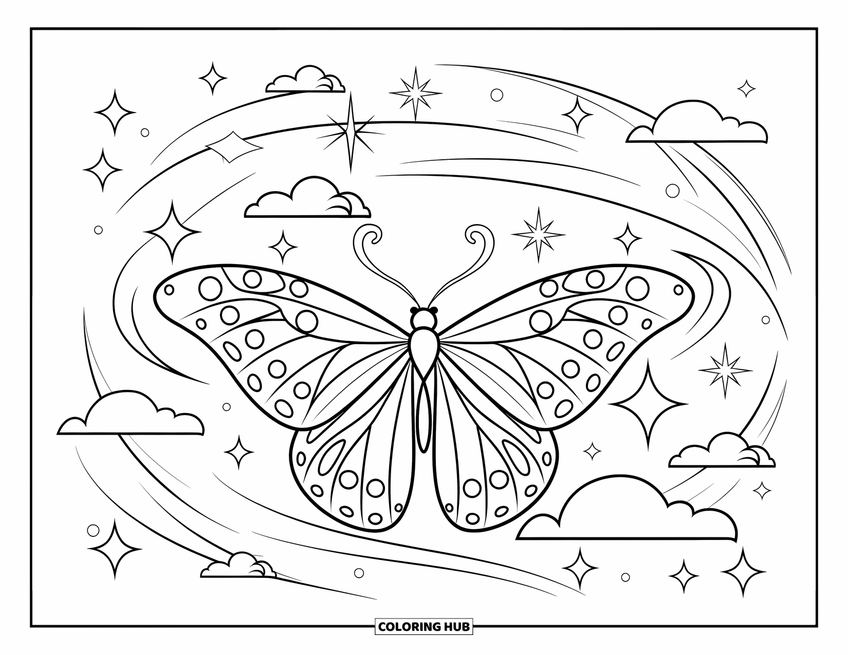 Pink Coloring Page for Kids: Butterfly floats with stars, clouds, and sparkles around