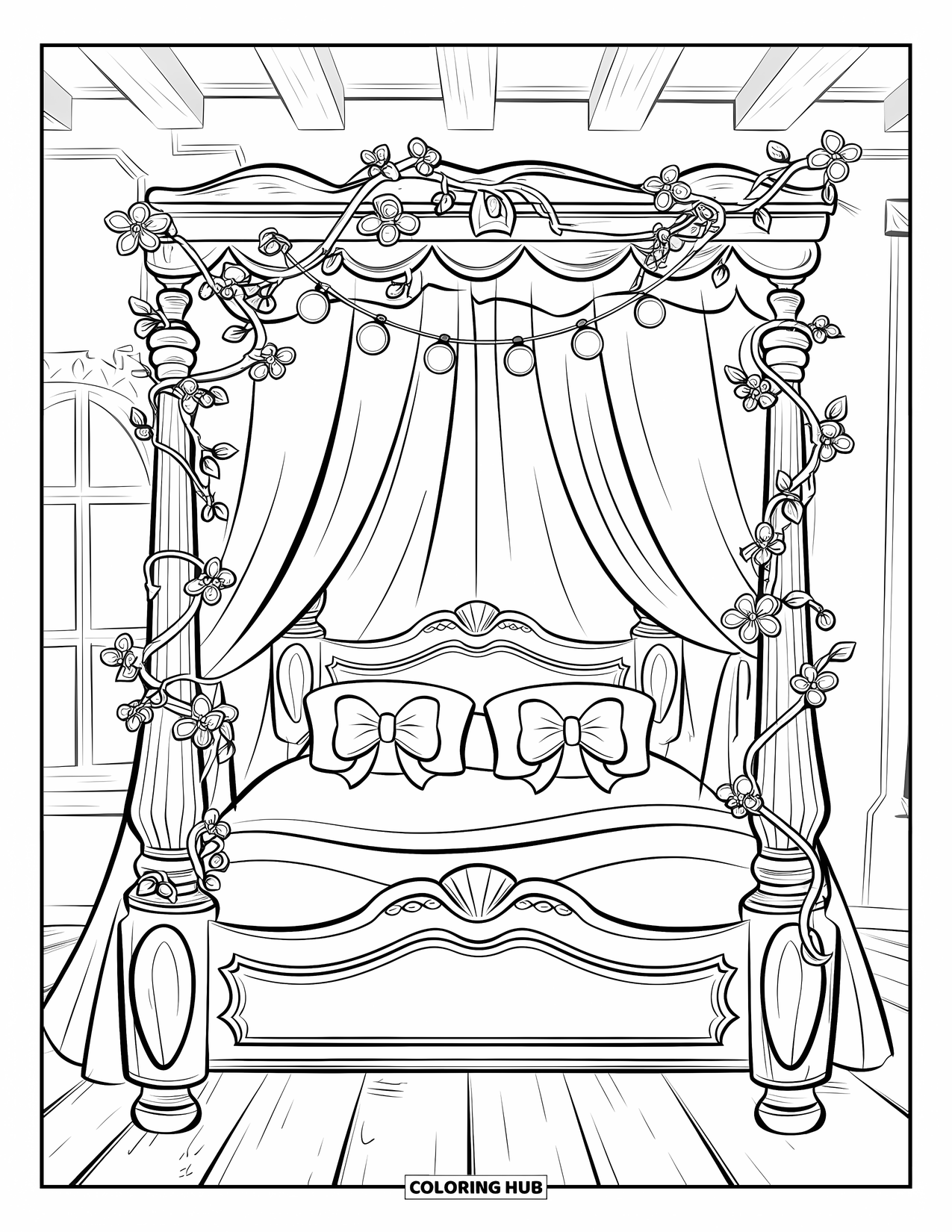 Pink Coloring Page for Kids: Carved bed frame with string lights, bows, and trailing vines
