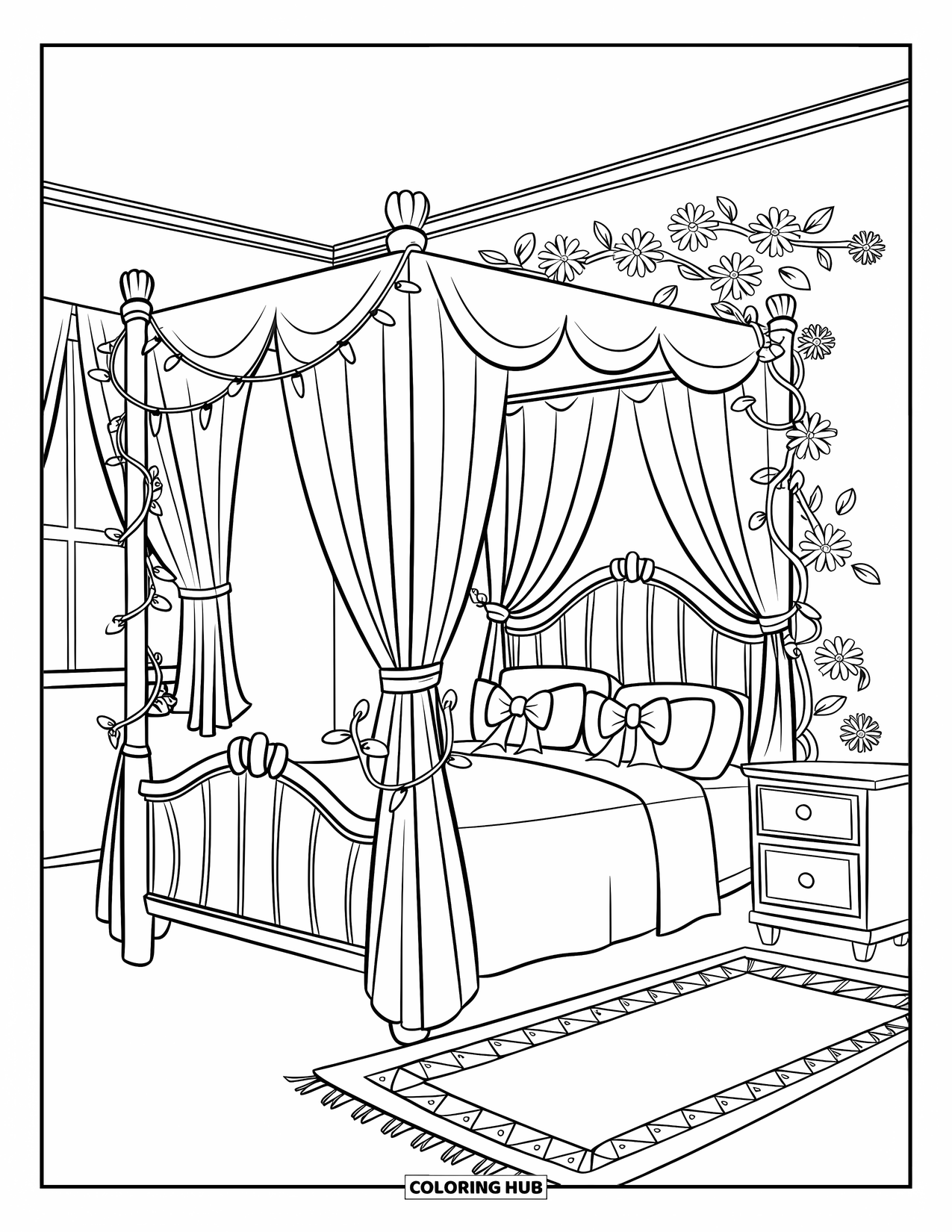 Pink Coloring Page for Kids: Cozy bedroom with a bed, lights, bow pillows, and flower vines
