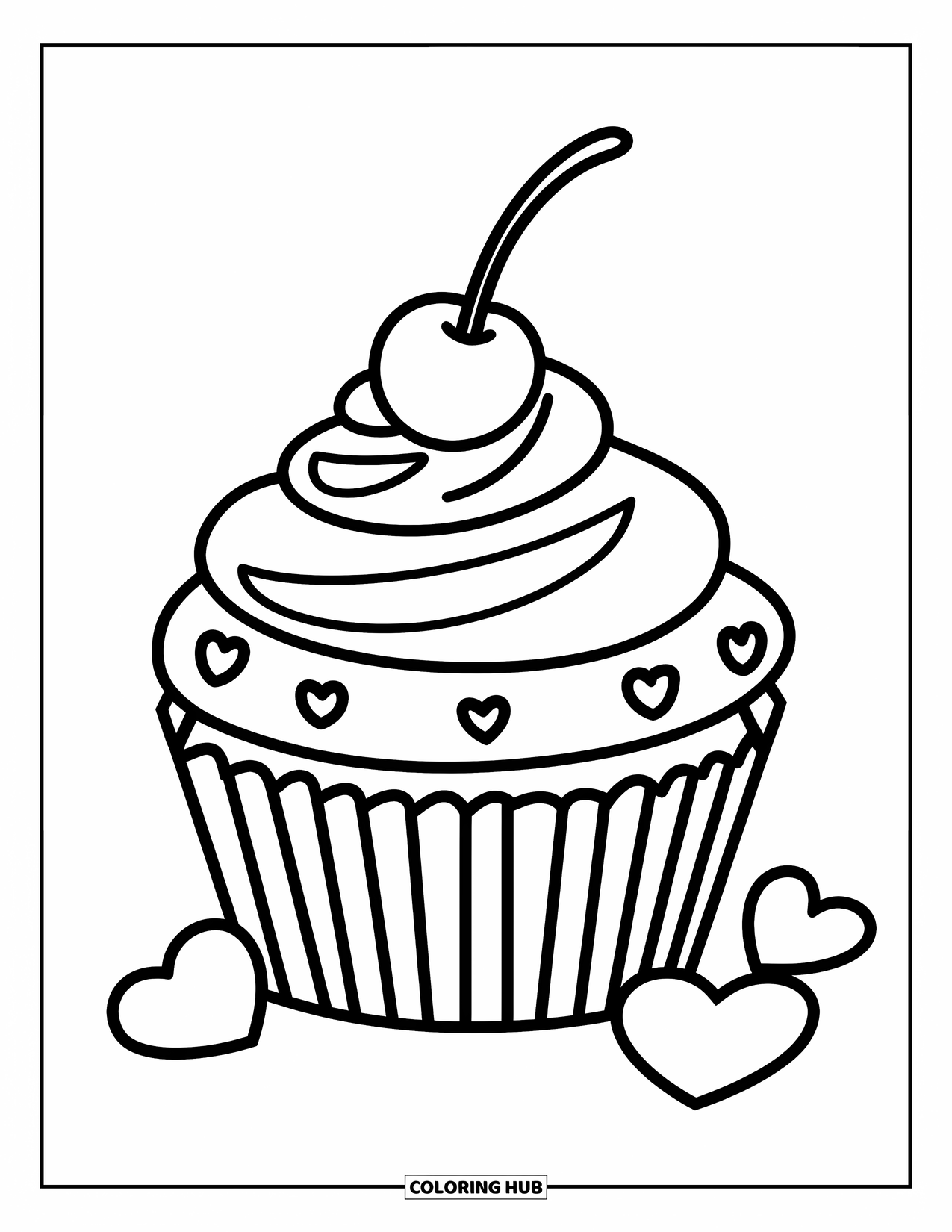 Pink Coloring Page for Kids: Cupcake swirl with cherry and hearts, easy and fun to color
