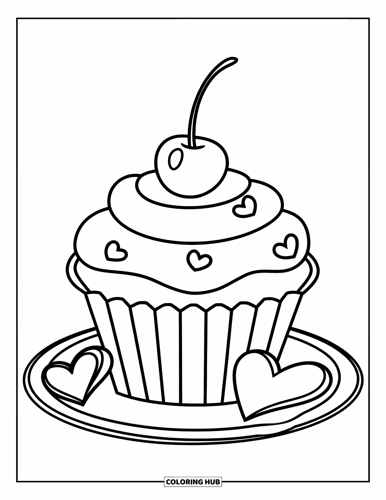 Pink Coloring Page for Kids: Cupcake with cherry and heart sprinkles on a plate