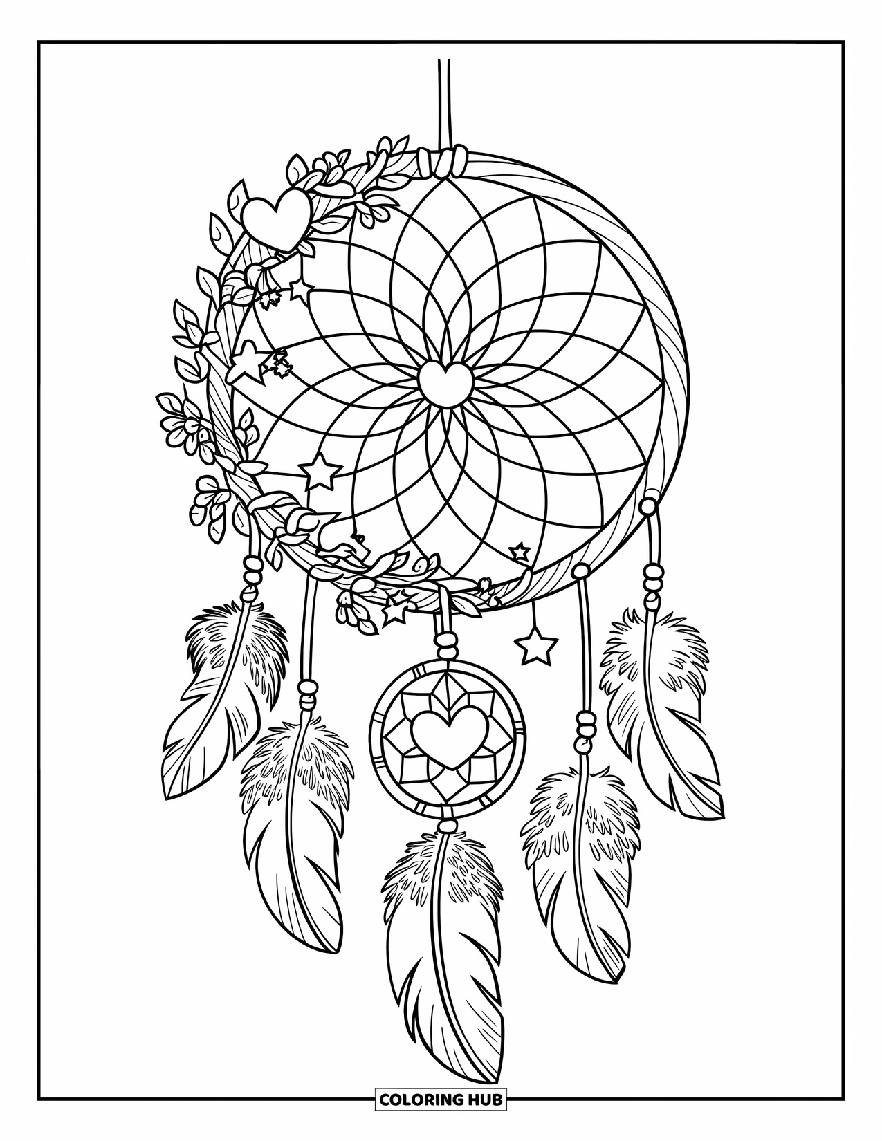 Pink Coloring Page for Kids: Dreamcatcher with floral vines and stars hangs from a wooden pole