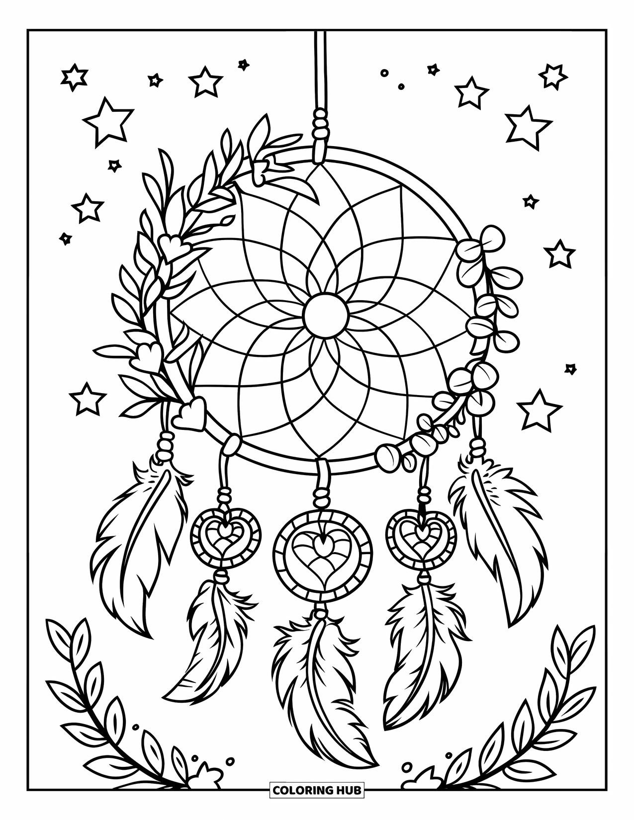 Pink Coloring Page for Kids: Dreamcatcher with heart feathers and stars glows against a soft background