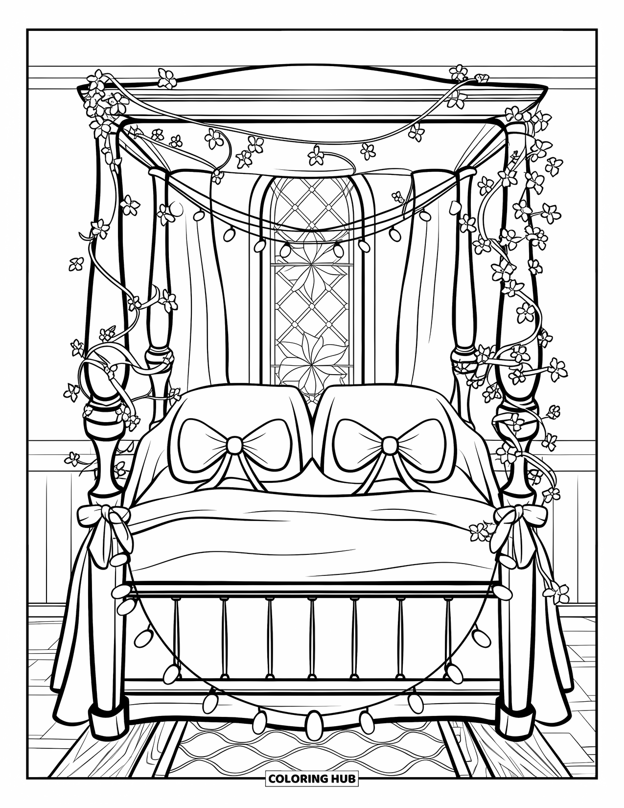 Pink Coloring Page for Kids: Elegant bed with bows, fairy lights, and ivy vines in a dreamy room