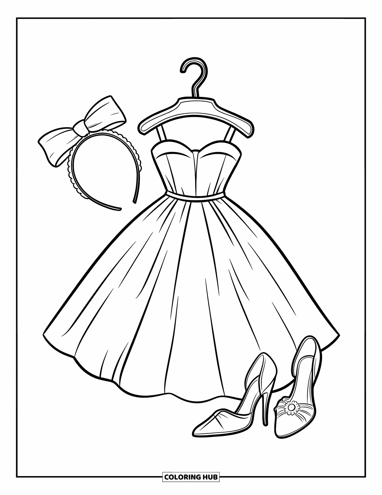 Pink Coloring Page for Kids: Fancy dress on a hanger with heels and a bow headband
