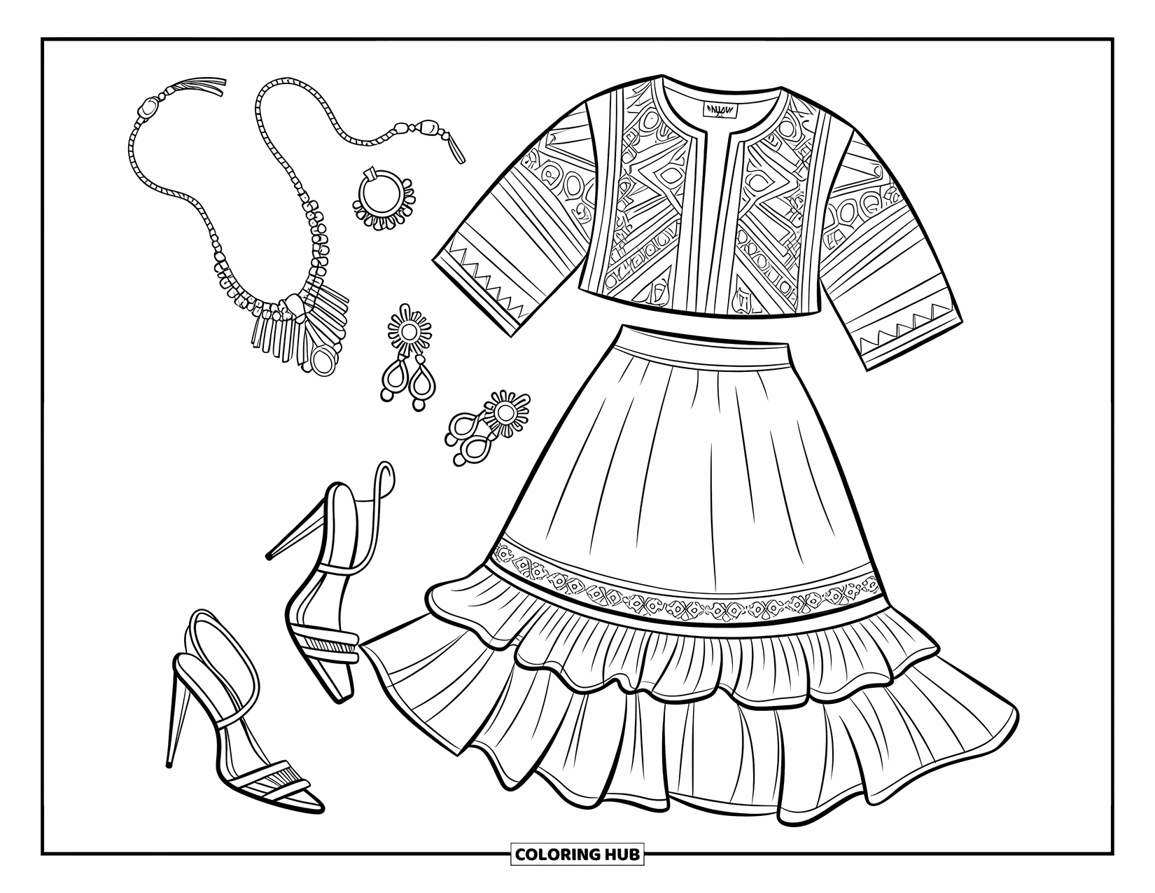 Pink Coloring Page for Kids: Fashion outfit with patterned blouse, ruffled skirt, heels, and accessories