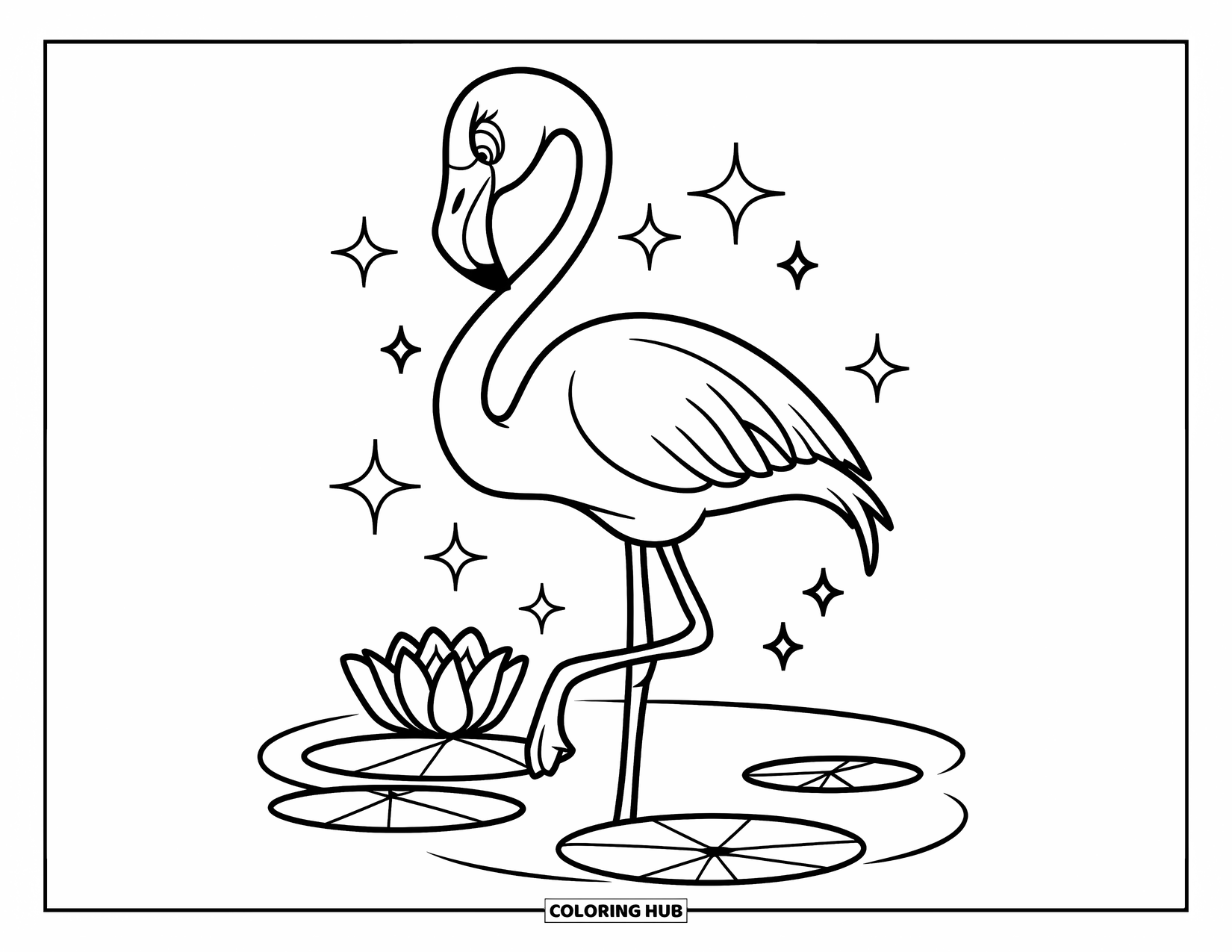 Pink Coloring Page for Kids: Flamingo in a dress near a sparkly pond and lilies
