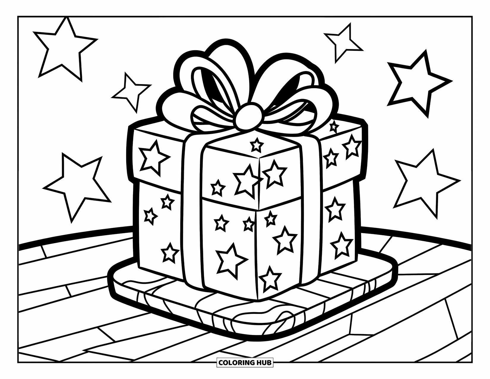 Pink Coloring Page for Kids: Gift with stars and bow sits cheerfully on a wooden base