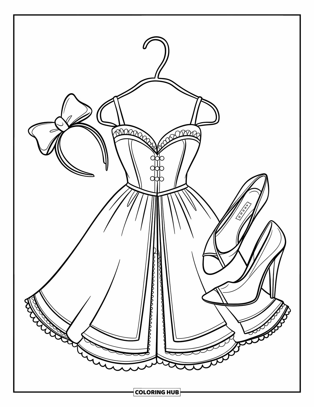 Pink Coloring Page for Kids: Lacy dress on hanger with ribbon bow and pretty shoes