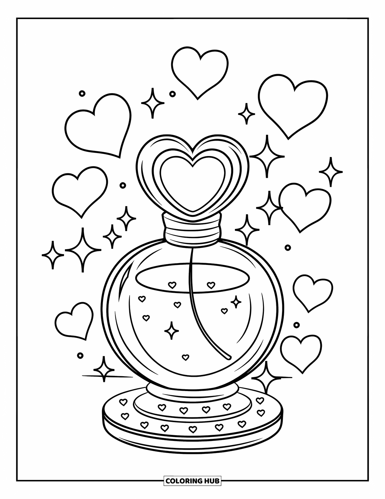 Pink Coloring Page for Kids: Perfume bottle with heart cap and floating sparkles