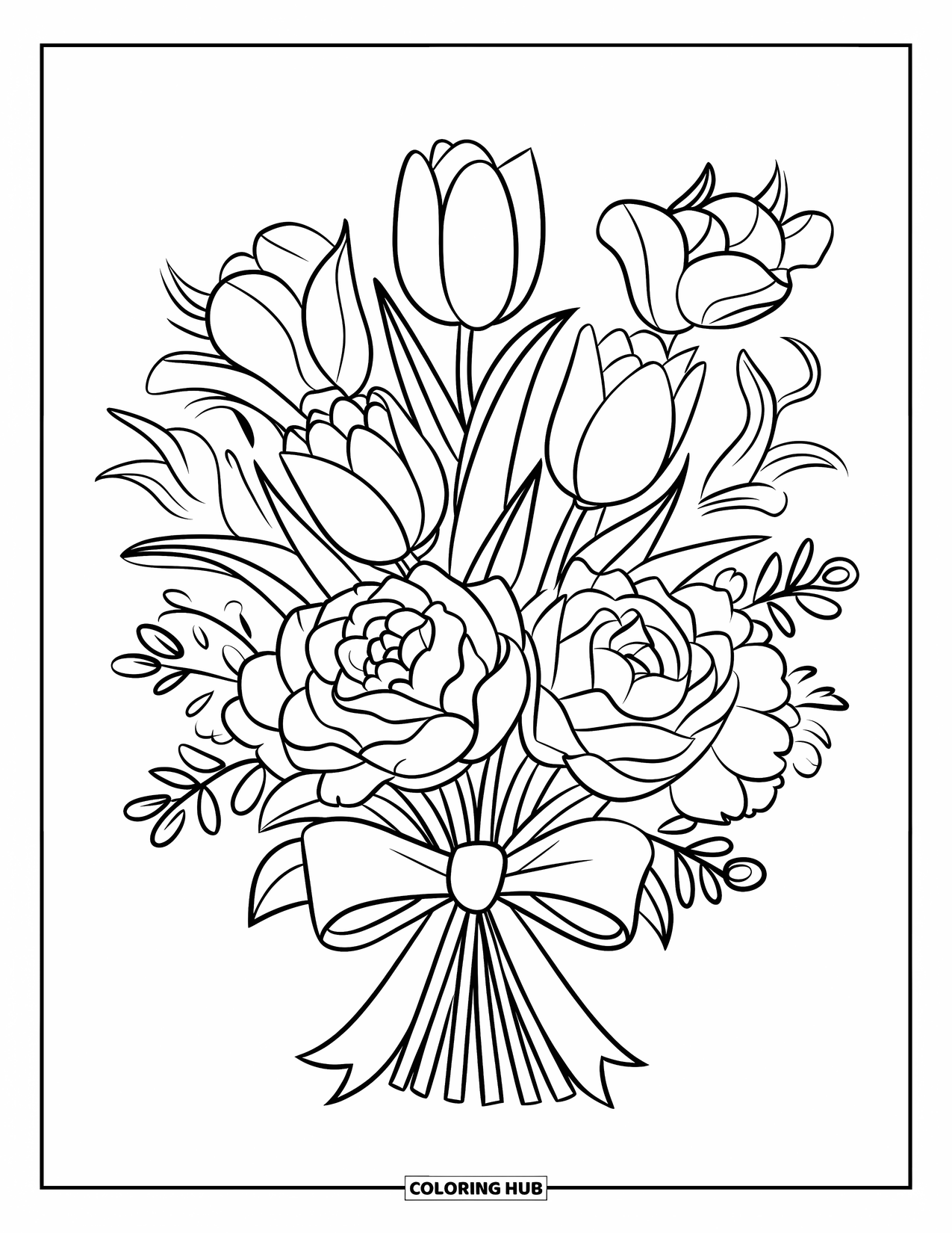 Pink Coloring Page for Kids: Pretty bouquet with tulips, roses, peonies, and a bow