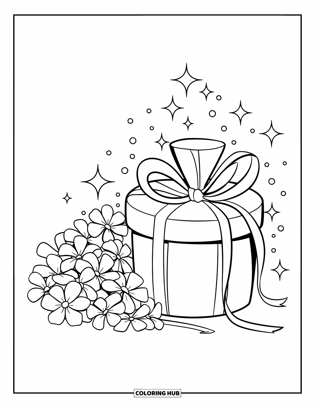 Pink Coloring Page for Kids: Ribboned gift and flowers with sparkles in a soft, cozy scene