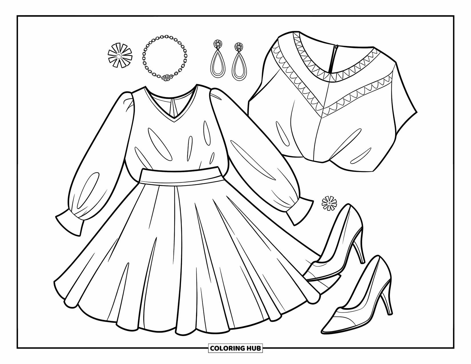 Pink Coloring Page for Kids: Stylish outfit with a blouse, skirt, heels, and jewelry on display