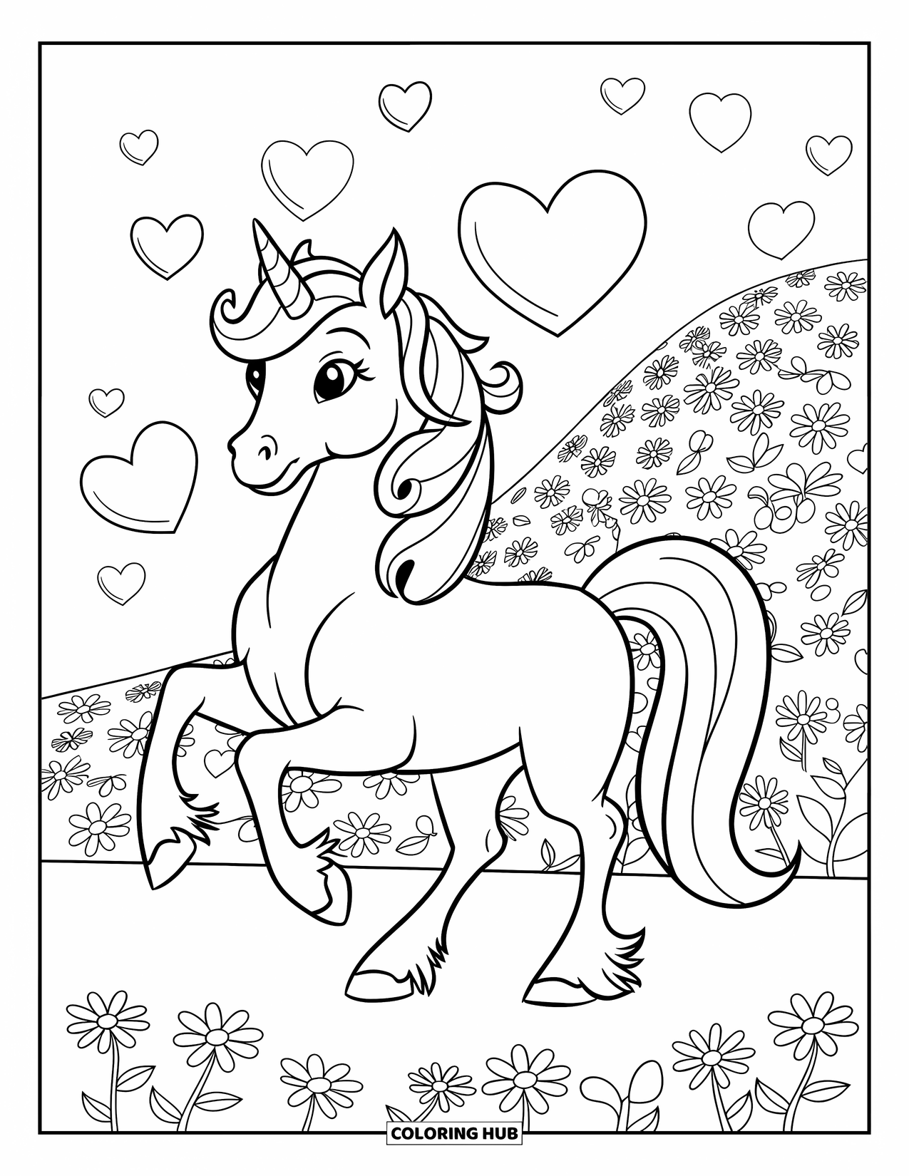 Pink Coloring Page for Kids: Unicorn prances near hearts and flowers on a pretty hill