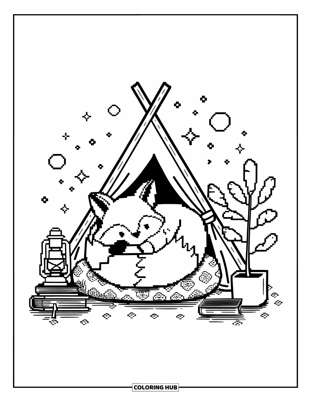 Pixel Coloring Page for Adults: Chunky pixel fox curled up on a pillow under a small indoor tent