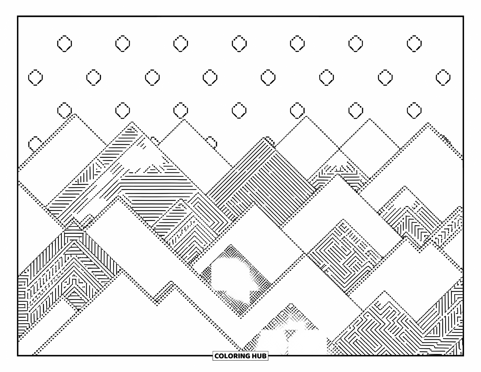 Pixel Coloring Page for Adults: Intricate pixel mountains with layered peaks and stars for a relaxing design