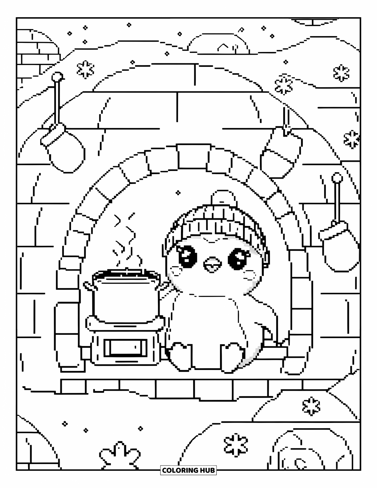 Pixel Coloring Page for Adults: Kawaii penguin in a wooly cap inside an igloo with cozy details