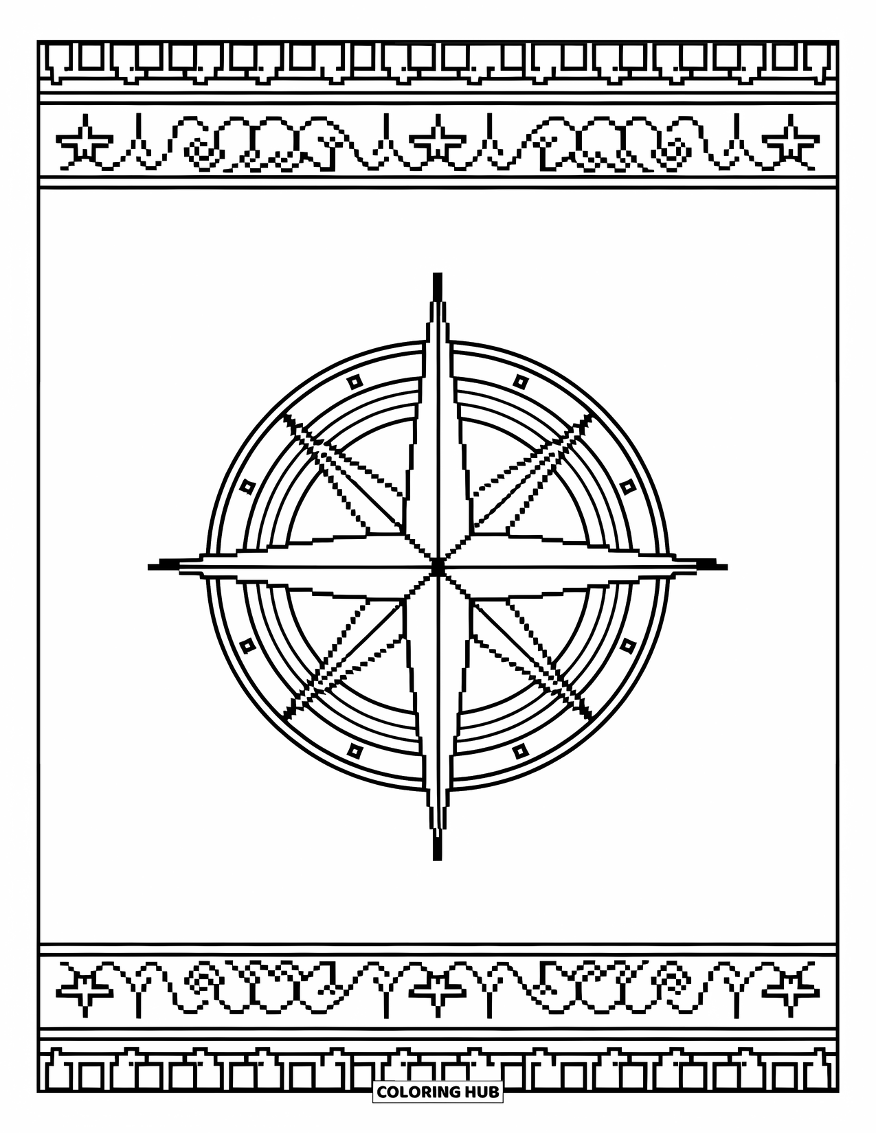 Pixel Coloring Page for Adults: Pixel compass rose with waves, stars, and patterned borders