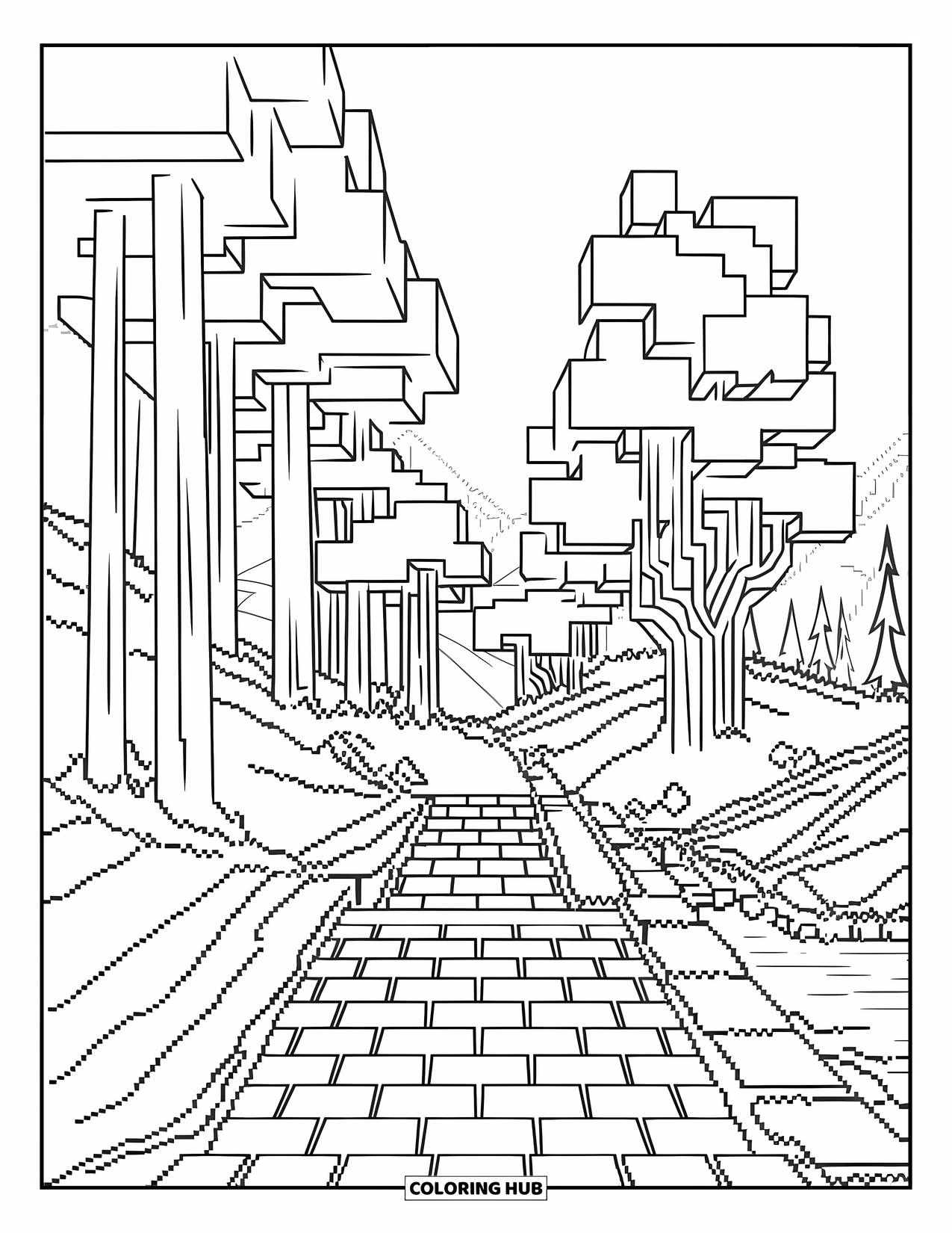 Pixel Coloring Page for Adults: Pixel forest trail with mossy edges and a wooden bridge