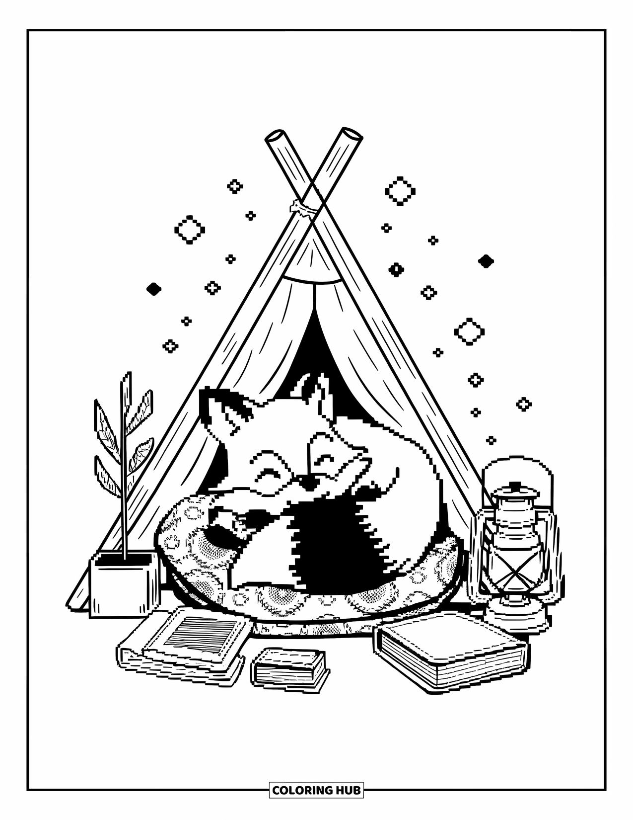 Pixel Coloring Page for Adults: Pixel fox under a tiny tent with books and lantern nearby