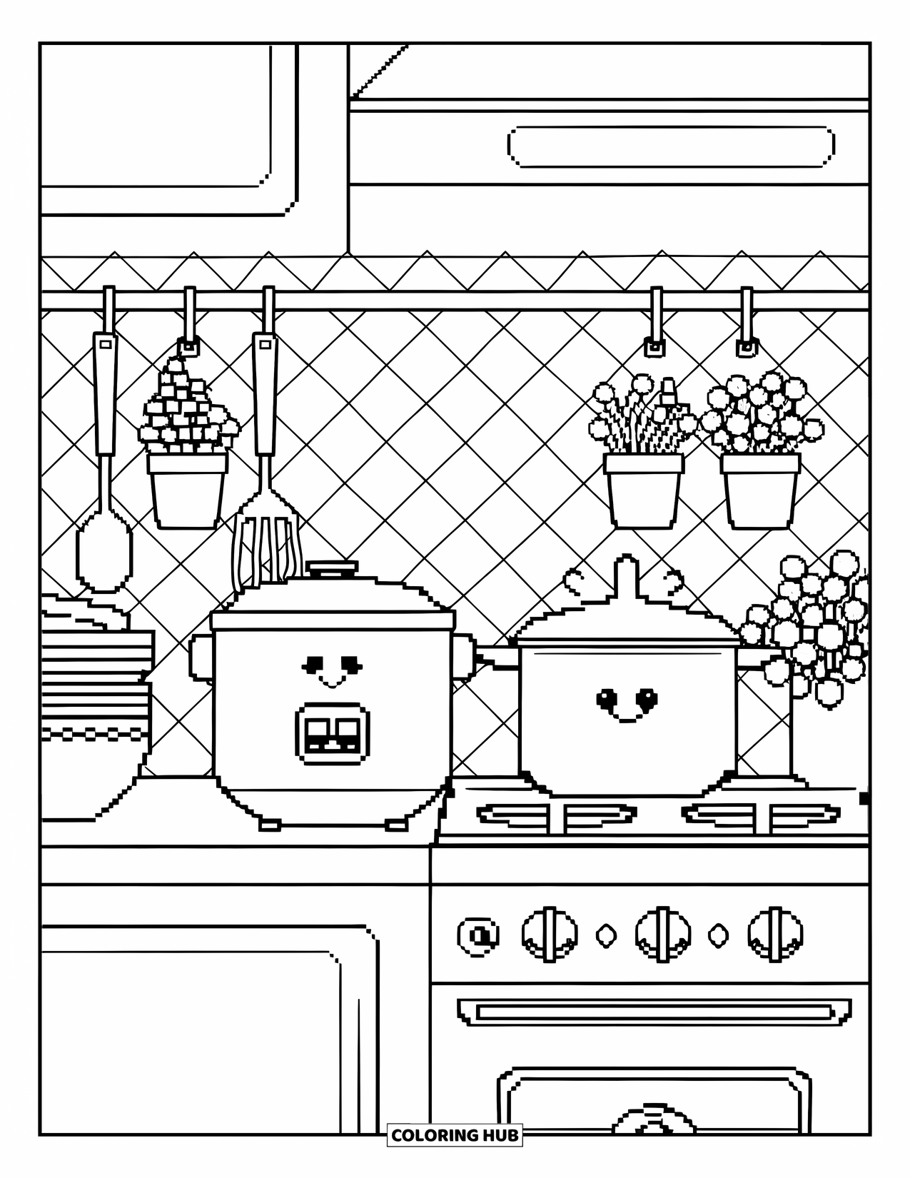 Pixel Coloring Page for Adults: Pixel kitchen counter with a smiling rice cooker and cooking pots